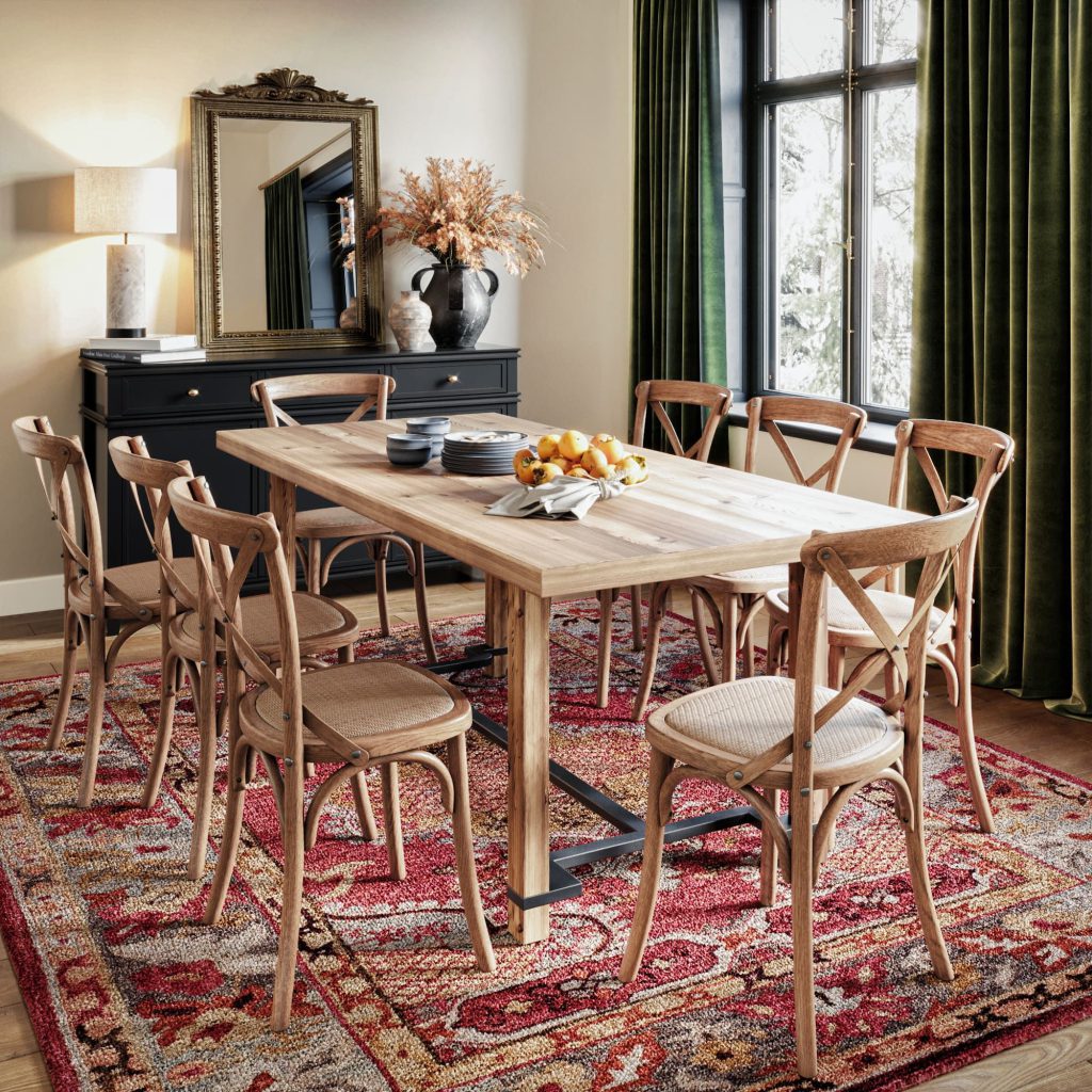 3D Interior Visualization of Dining Room with Wooden Furniture