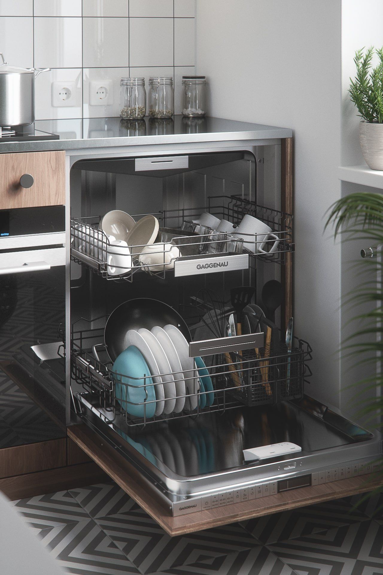 3D Rendering of an Open Dishwasher with Dishes inside a Modern Kitchen