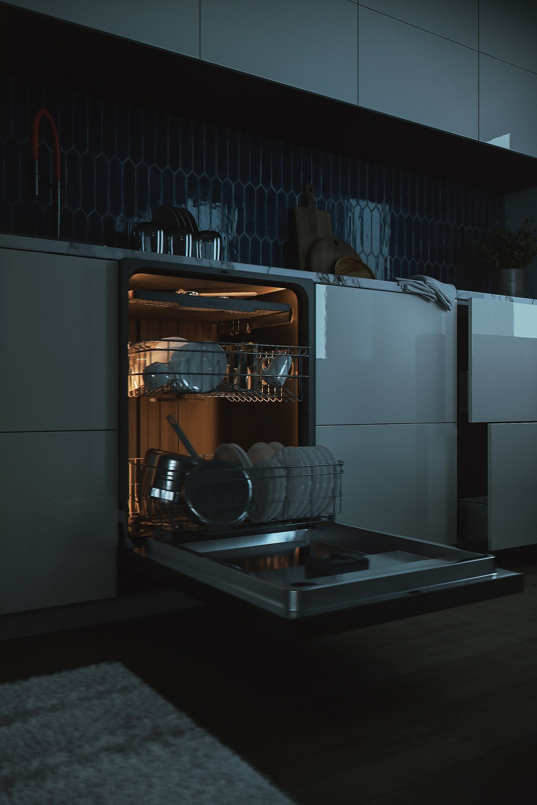 Top-notch 3D rendering of a trendy  kitchen interior featuring an open dishwasher, showcasing realistic furniture visualization and photorealistic product rendering.