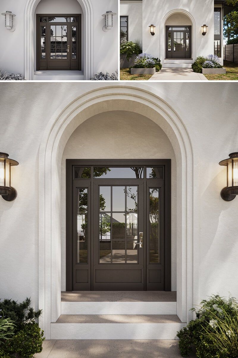 3D Rendering of Modern Arched Entry Door with Glass Panels and Wall Lights