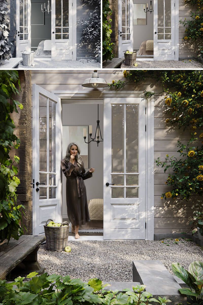 High-quality photorealistic 3D rendering of an interior and exterior scene showcasing 3D furniture modeling and visualization.