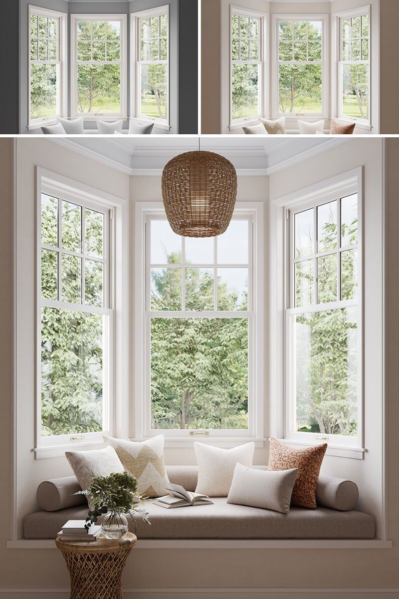 High-quality 3D rendering of a cozy window seat with cushions, showcasing 3D furniture modeling and photorealistic visualization.