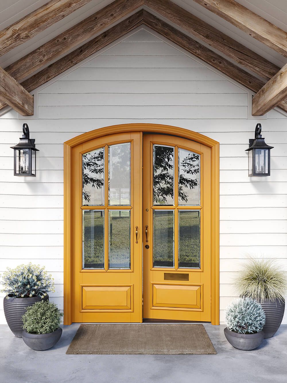 Photorealistic 3D rendering of a wooden exterior door with plants