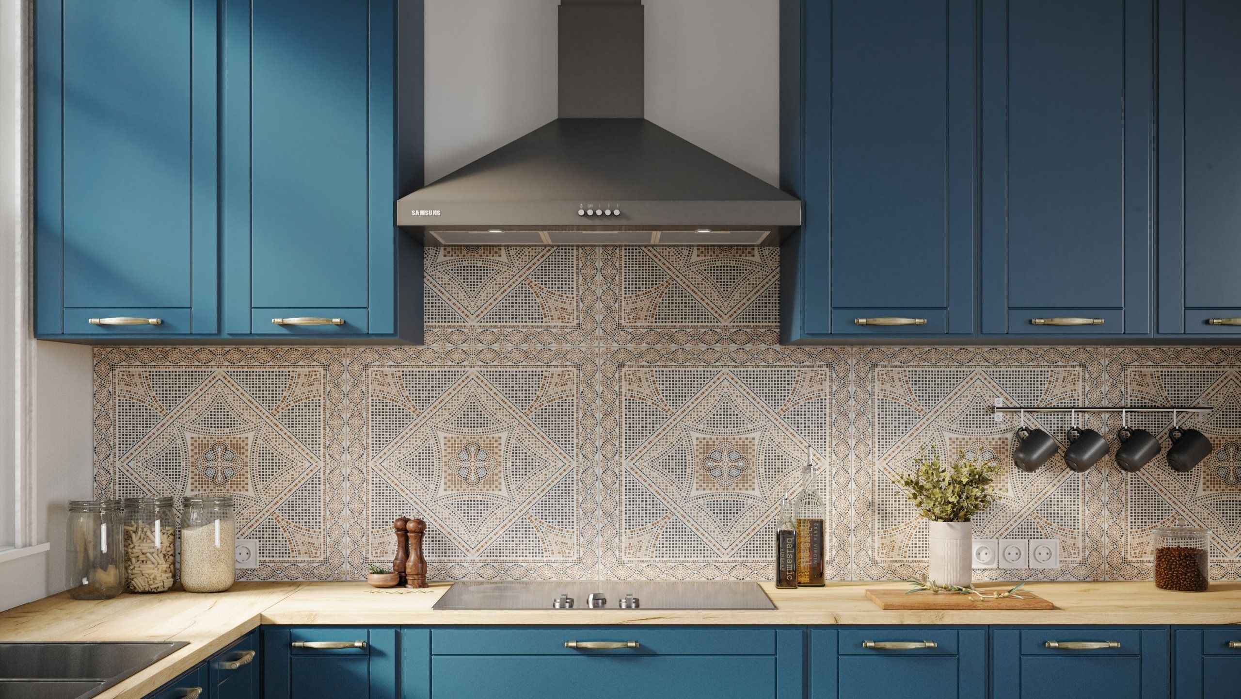 Photorealistic 3D rendering of a kitchen interior with blue cabinets and detailed tile backsplash,
