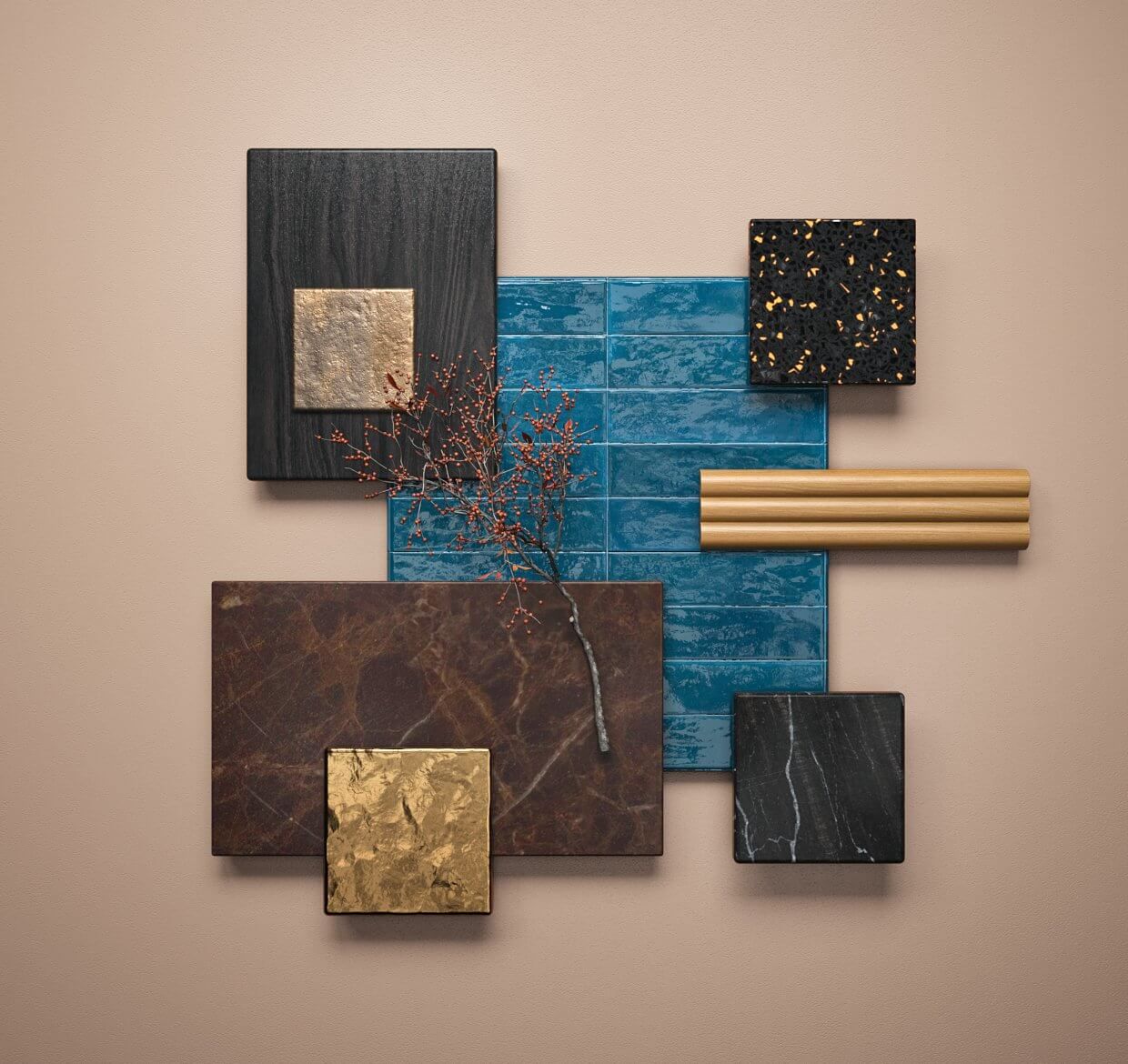 Photorealistic 3D furniture rendering showcasing diverse materials and textures in a CG lifestyle visualization.