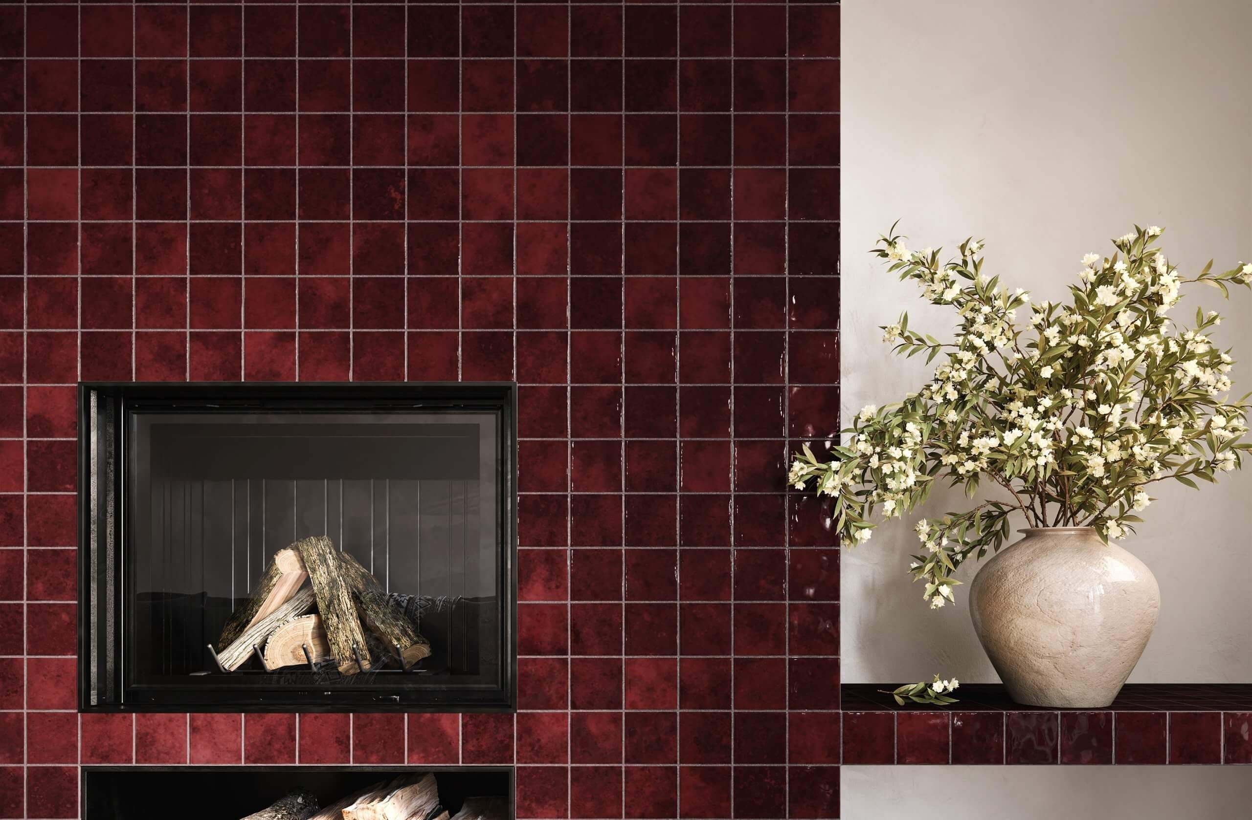 3D rendering of a modern fireplace with red tiles and a vase, showcasing 3D interior visualization and realistic furniture rendering.