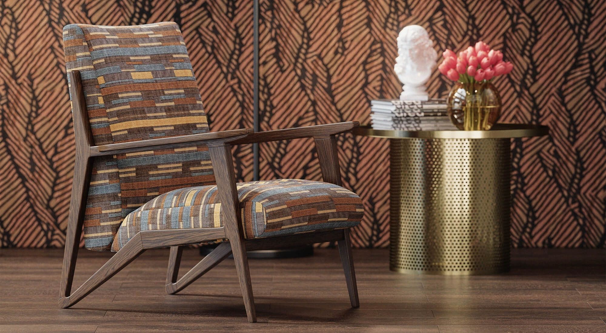 3D furniture modeling and rendering of a modern chair with textured fabric, showcasing 3D interior visualization and photorealistic CGI.