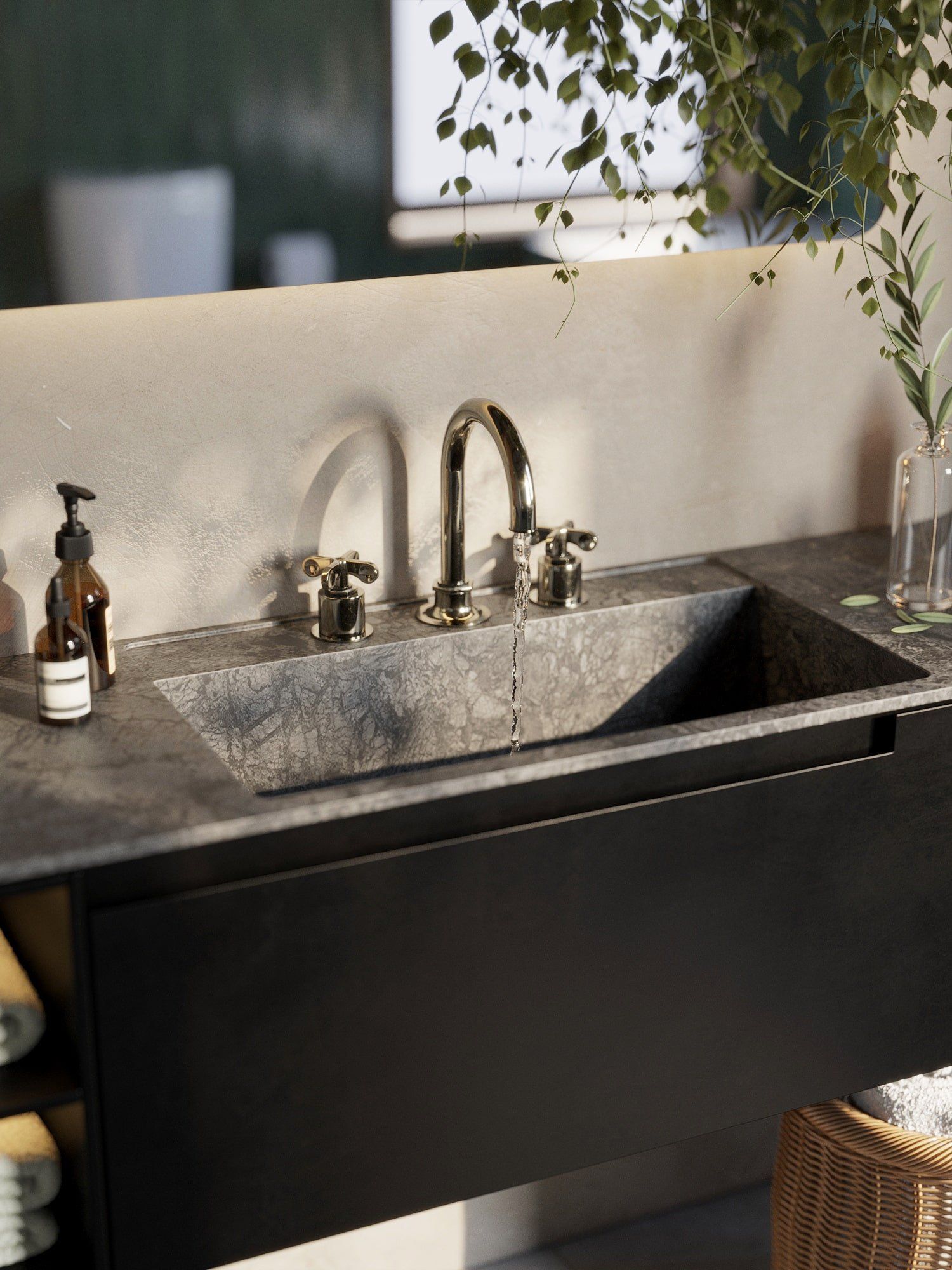 3D rendering of a modern bathroom sink with realistic textures and lighting,