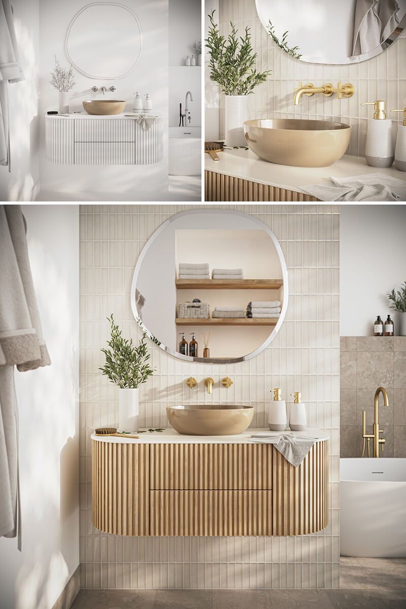 High-quality 3D interior visualization of a modern bathroom with bespoke furniture, showcasing photorealistic rendering and 3D modeling.