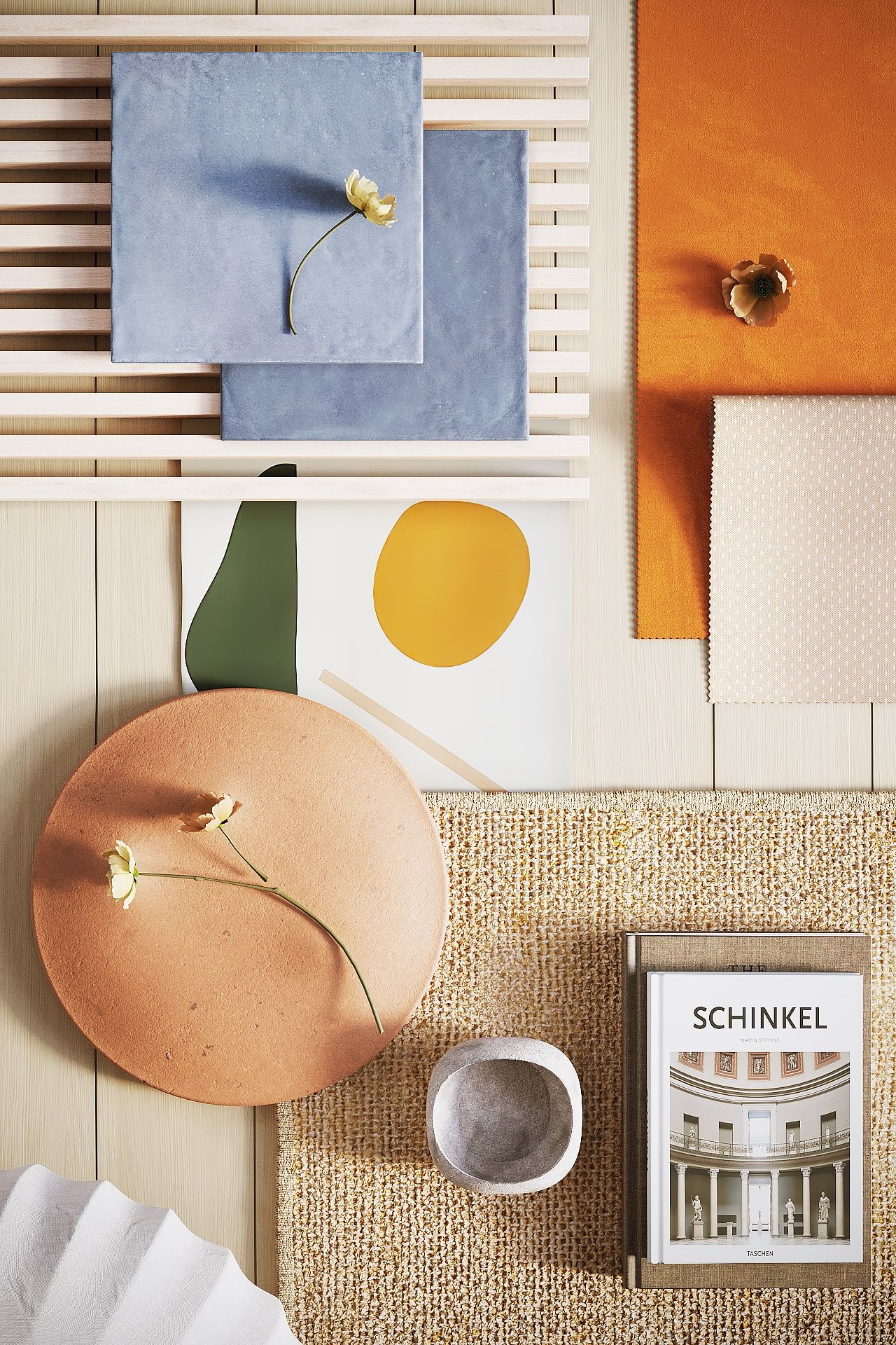 Flatlay render services preview: top-down composition of decor materials, textured surfaces, and styling props