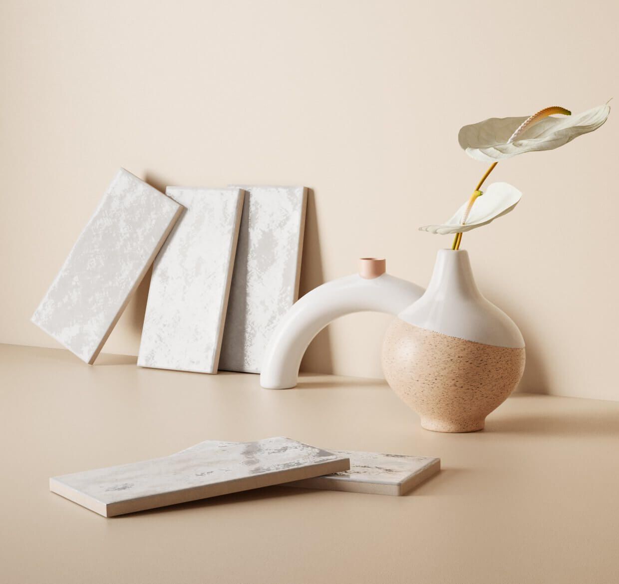 High-quality photorealistic 3D furniture rendering showcasing a modern vase and tiles, ideal for 3D product visualization and CGI solutions.