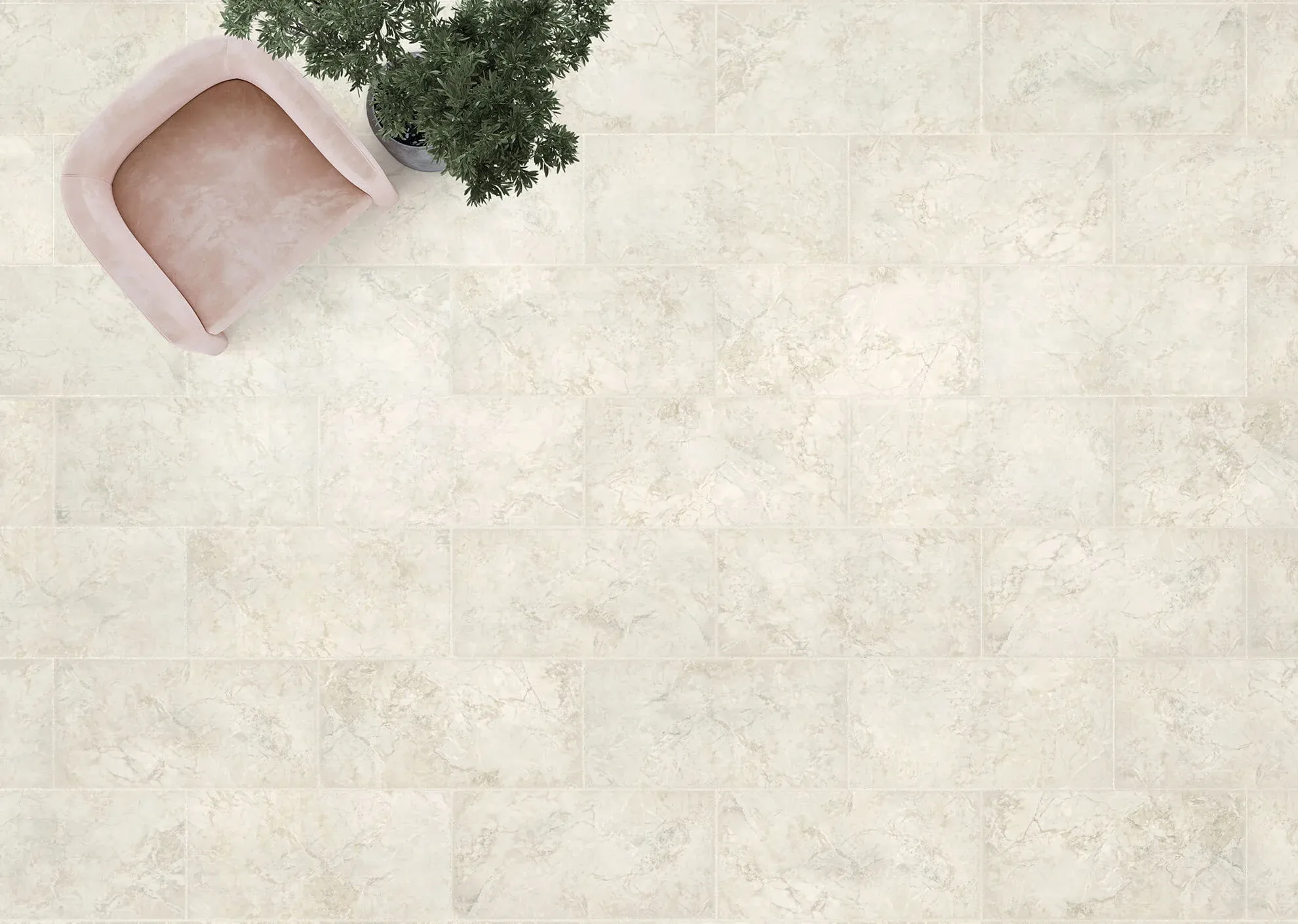 3D visualization of cream marble style flooring with pink chair and plant in top view