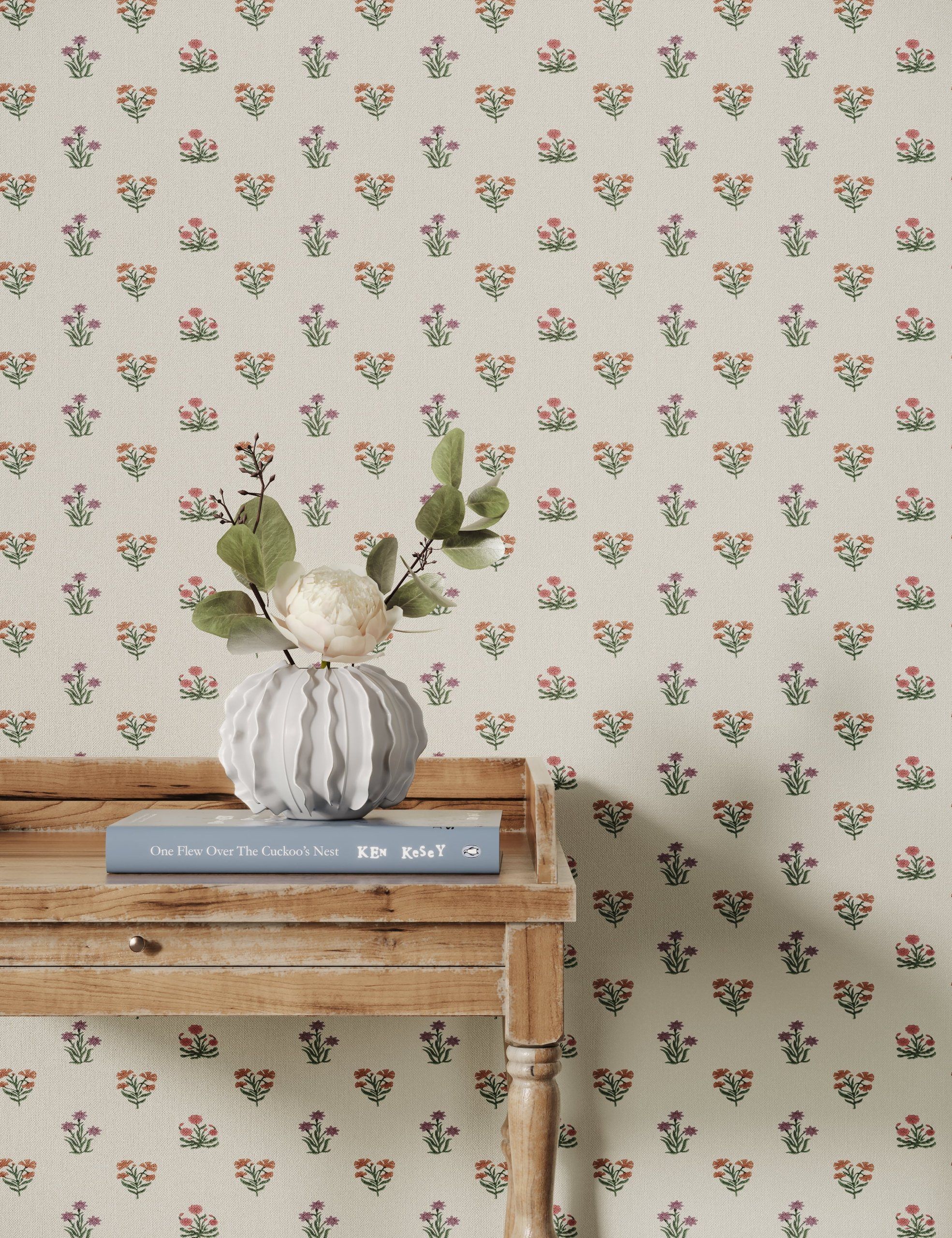 Floral Wallpaper Product Rendering in Bedroom With Wooden Table