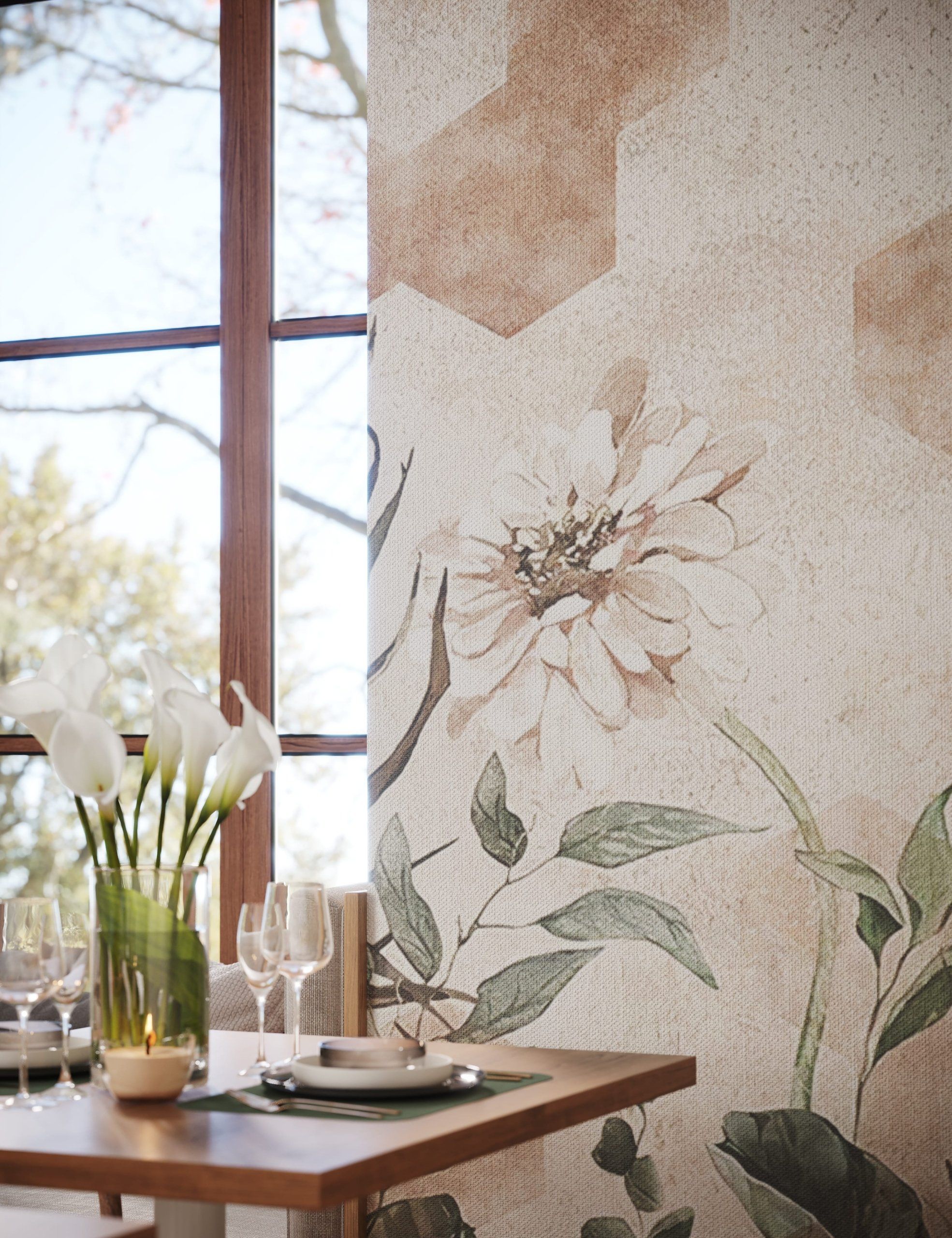 Top-notch 3D rendering of a dining area with floral wallpaper