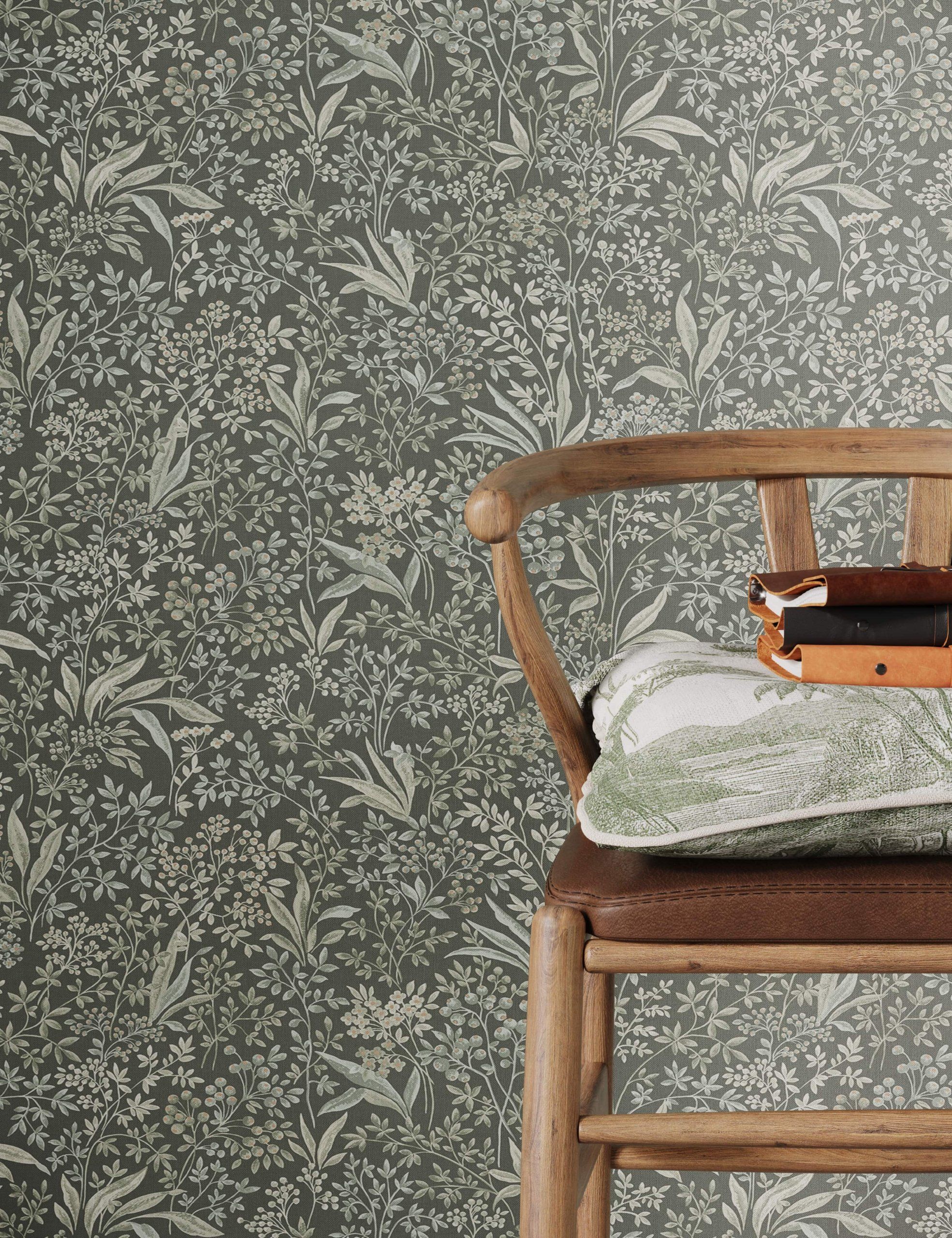 Product Rendering of a Green Floral Wall Covering with a Wooden Chair