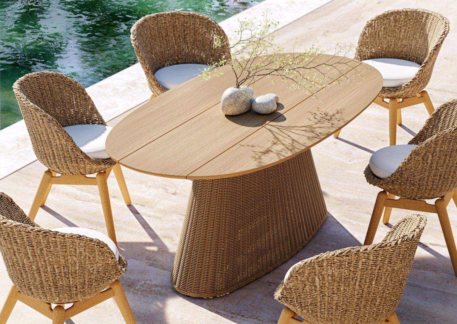 3D Visualization Of A Poolside Dining Setup With Wicker Chairs And A Wooden Oval Table