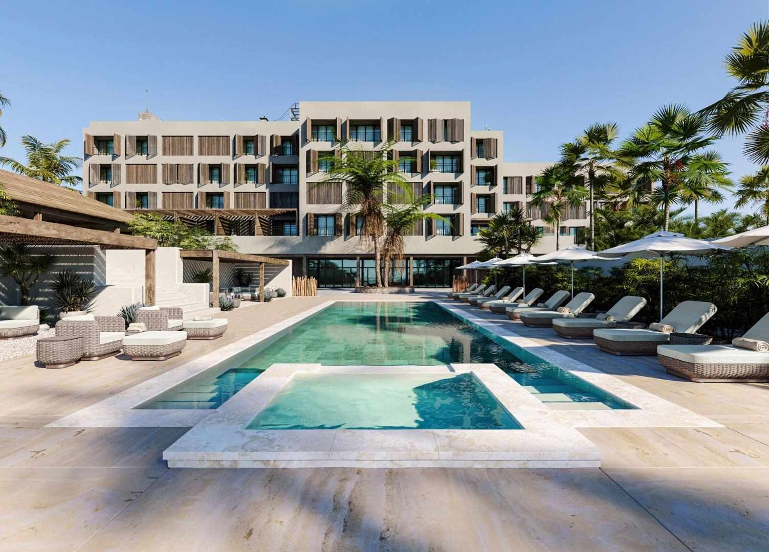 3D lifestyle rendering of luxury hotel pool furniture — example of outdoor product CGI lighting