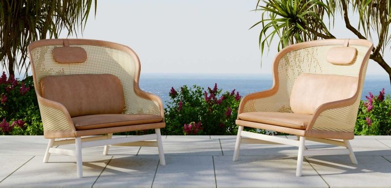 Two Rattan Chairs in a Garden for a Furniture Catalog