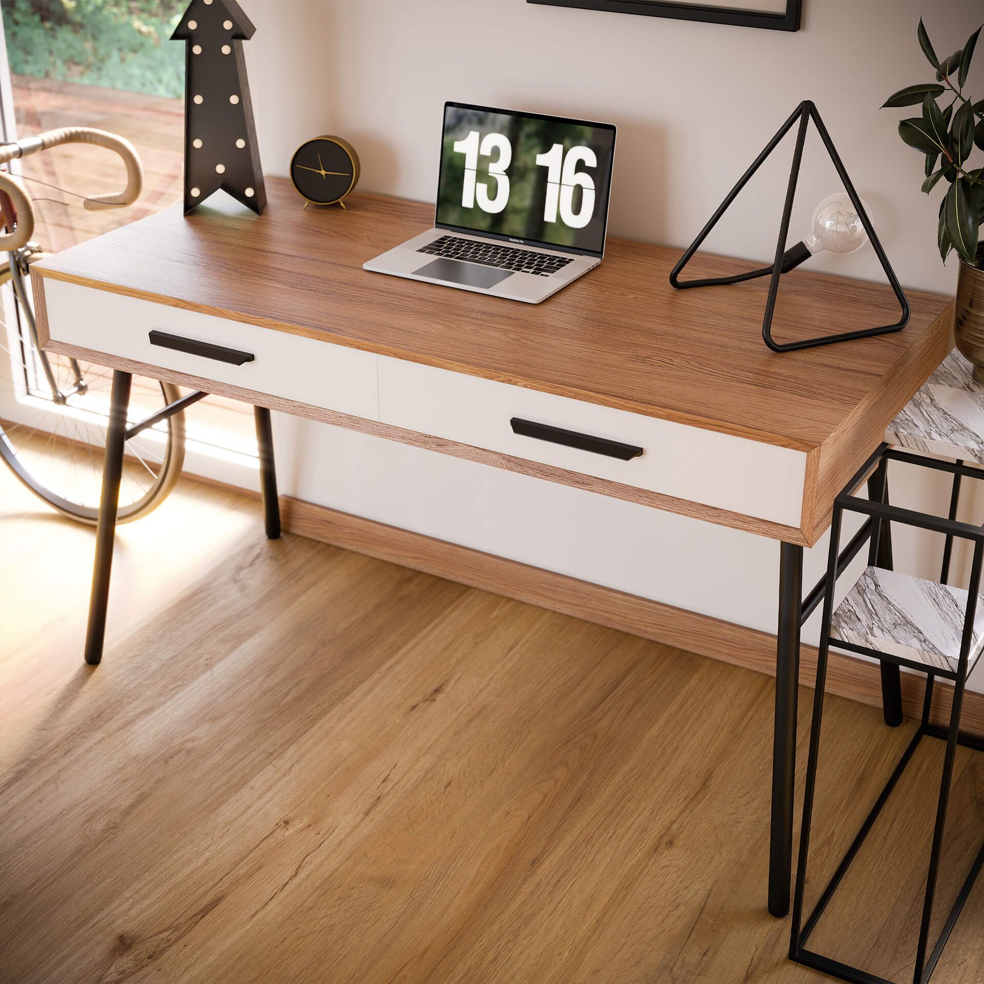 Photorealistic 3D rendering of a trendy desk with laptop, showcasing high-quality house fittings visualization and interior design