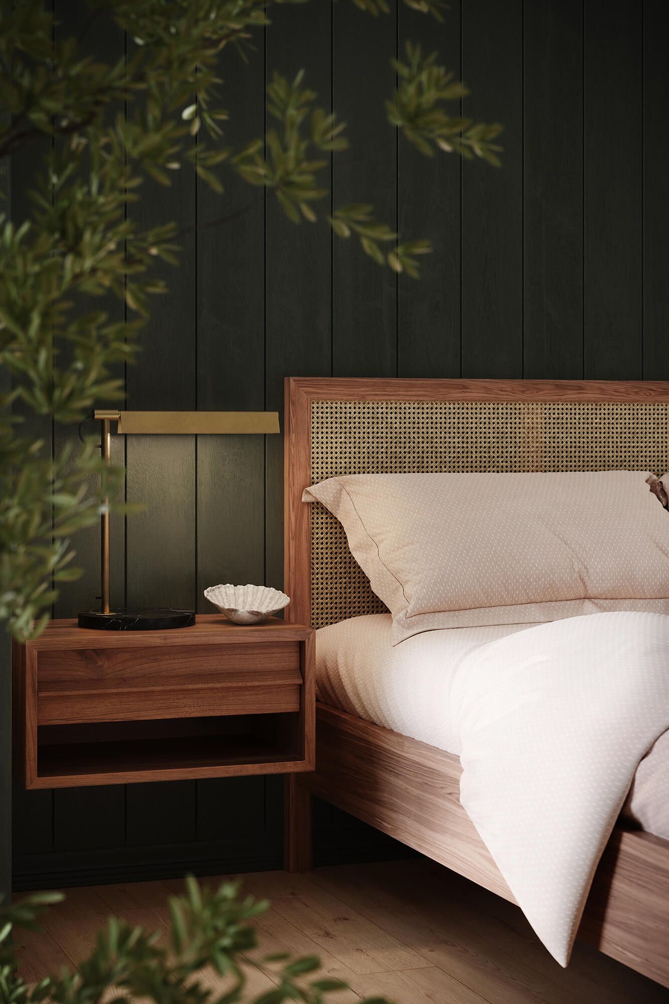 Photorealistic 3D rendering of a bedroom with wooden furniture