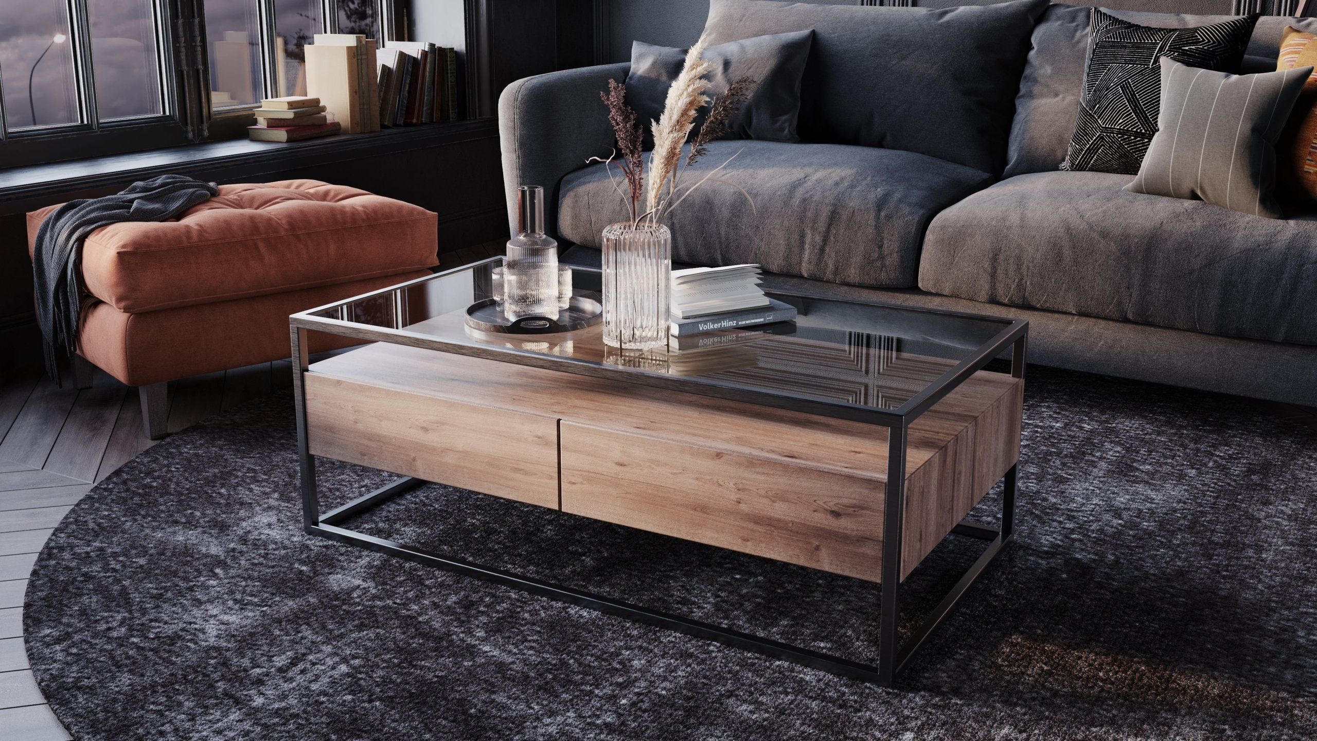 3D furniture modeling and rendering showcasing a modern living room with a glass coffee table and sofa