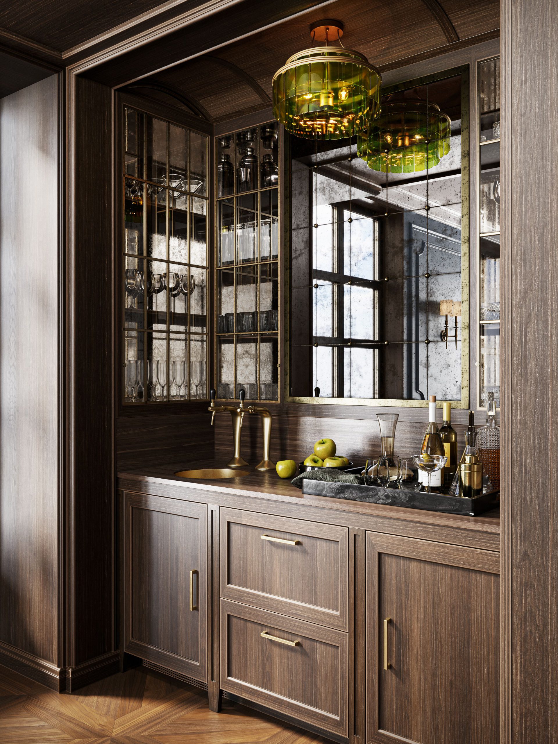 3D rendering of a green glass pendant light with brass fittings in a dark walnut butler's pantry with antiqued mirror backsplash, glass-front cabinets, and brass sink fixtures