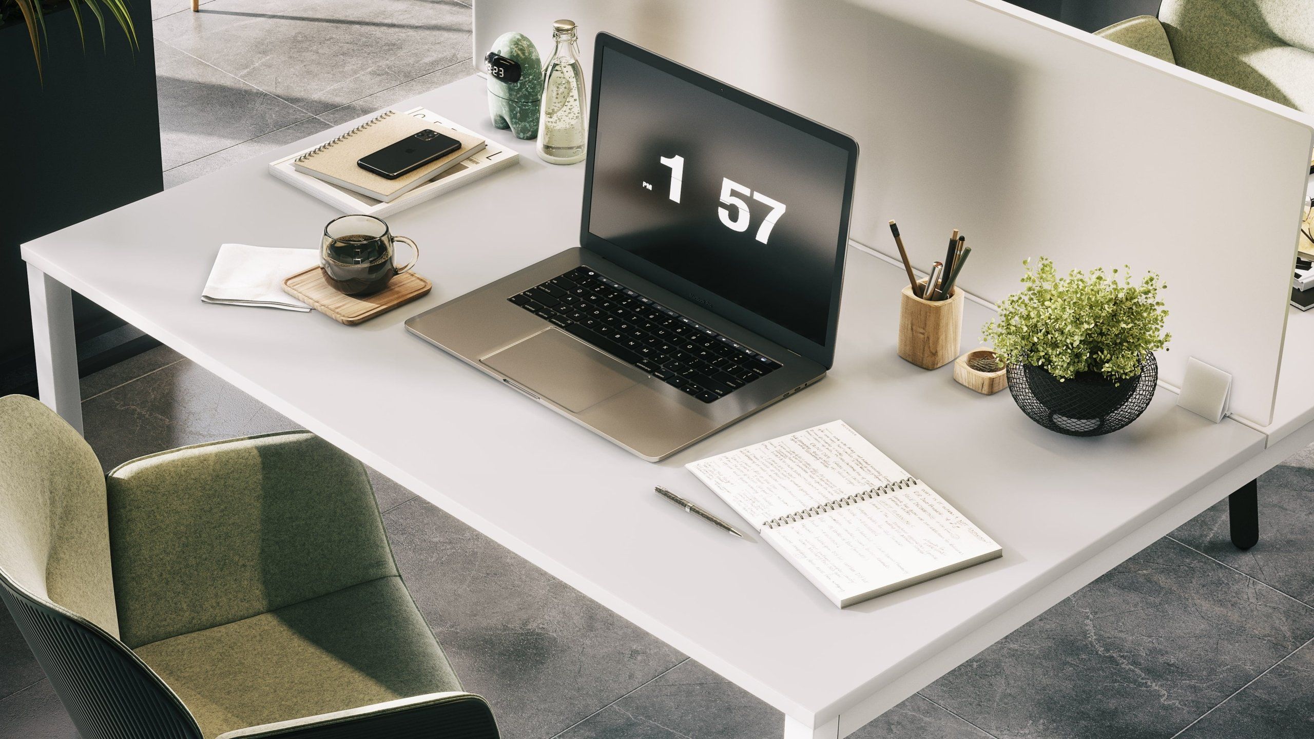 3D interior rendering showcasing a modern workspace with realistic furniture rendering, including a laptop, chair, and desk accessories