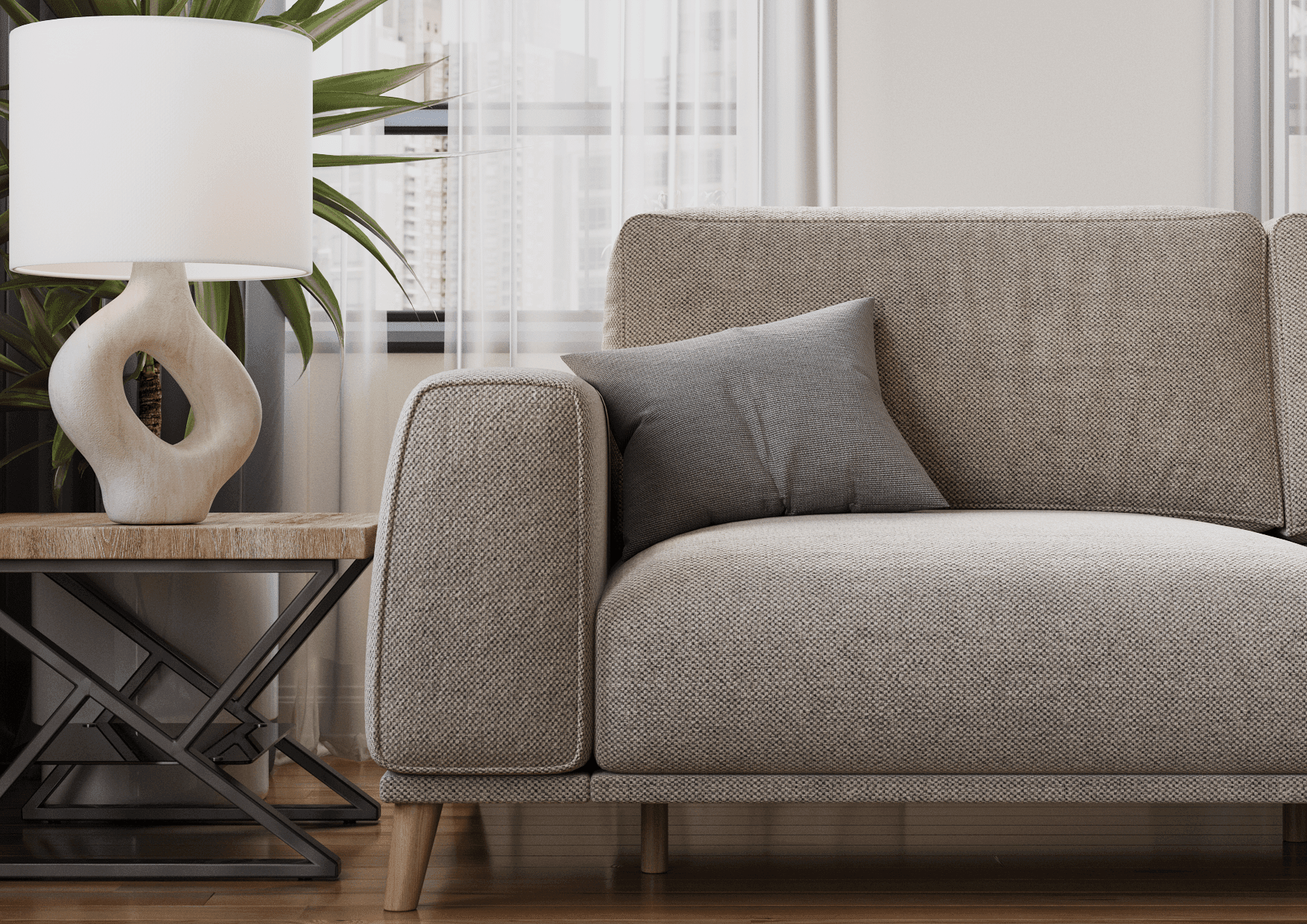 Product Rendering of Textured Gray Sofa with Throw Pillow and Lamp
