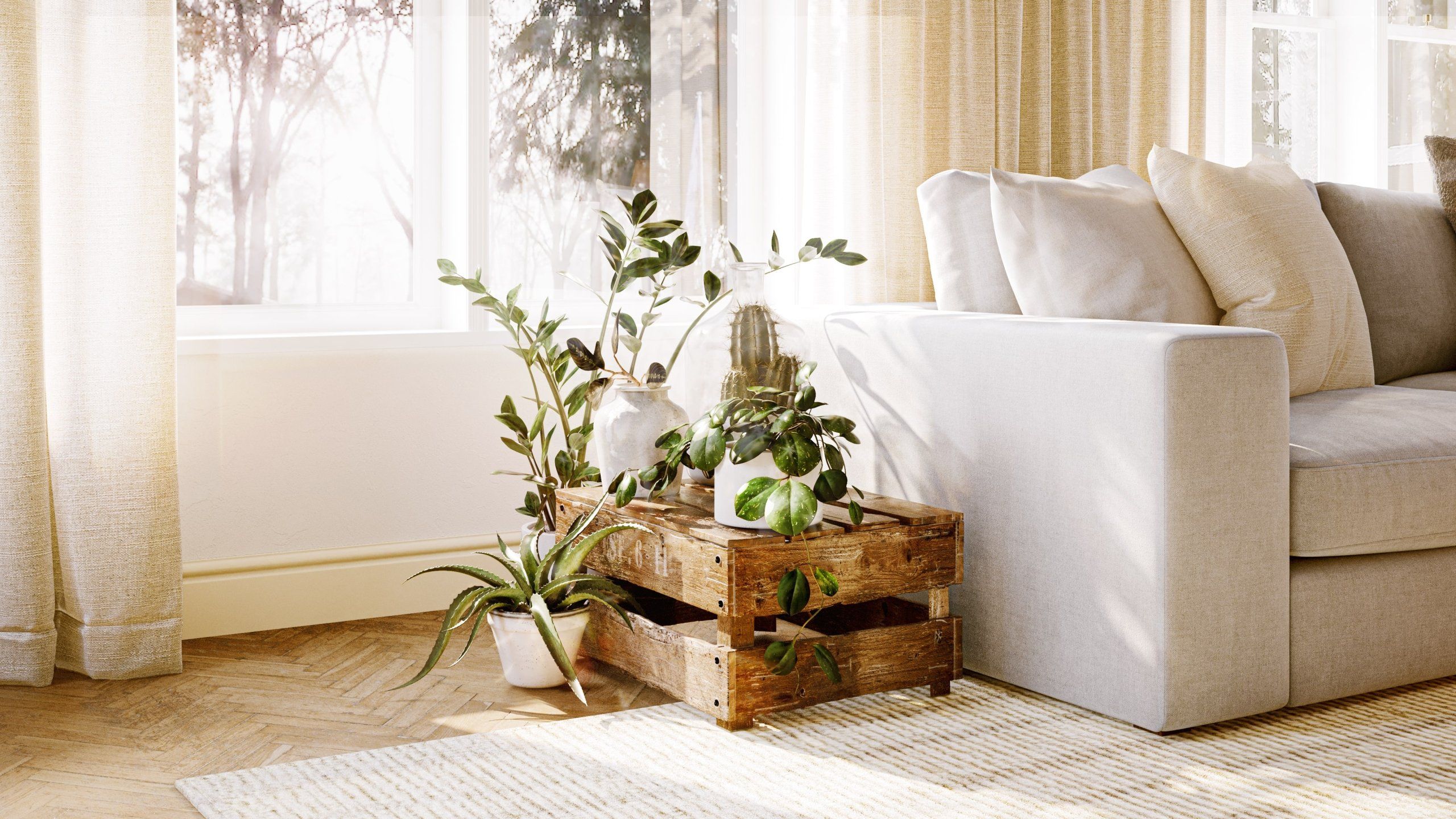 3D rendering of a cozy living room featuring a sofa and plants, showcasing realistic furniture rendering and 3D interior visualization.