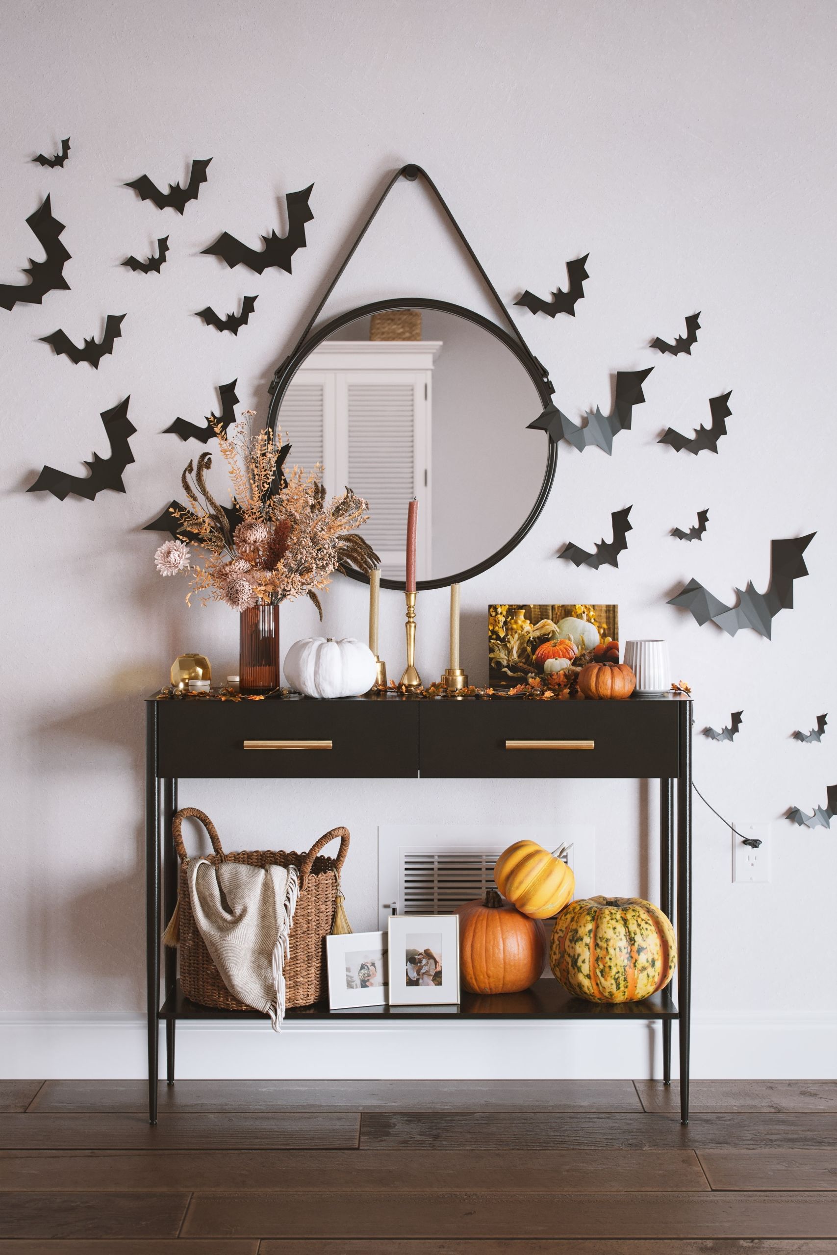 Lifestyle Rendering of Halloween Decor With Pumpkins and Paper Bats