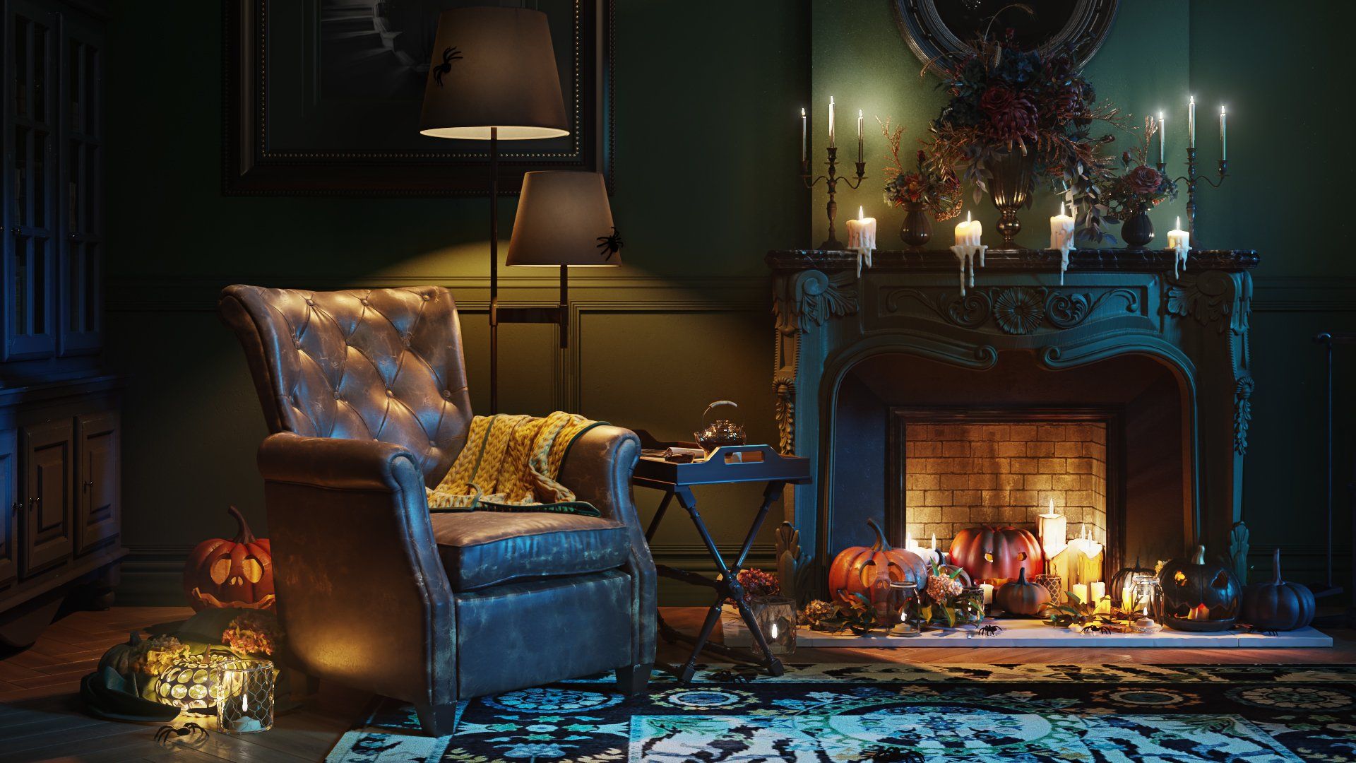 3D rendered house fittings and interior scene featuring a cozy armchair, fireplace, and decorative elements, showcasing realistic house fittings rendering and 3D lifestyle visualization.