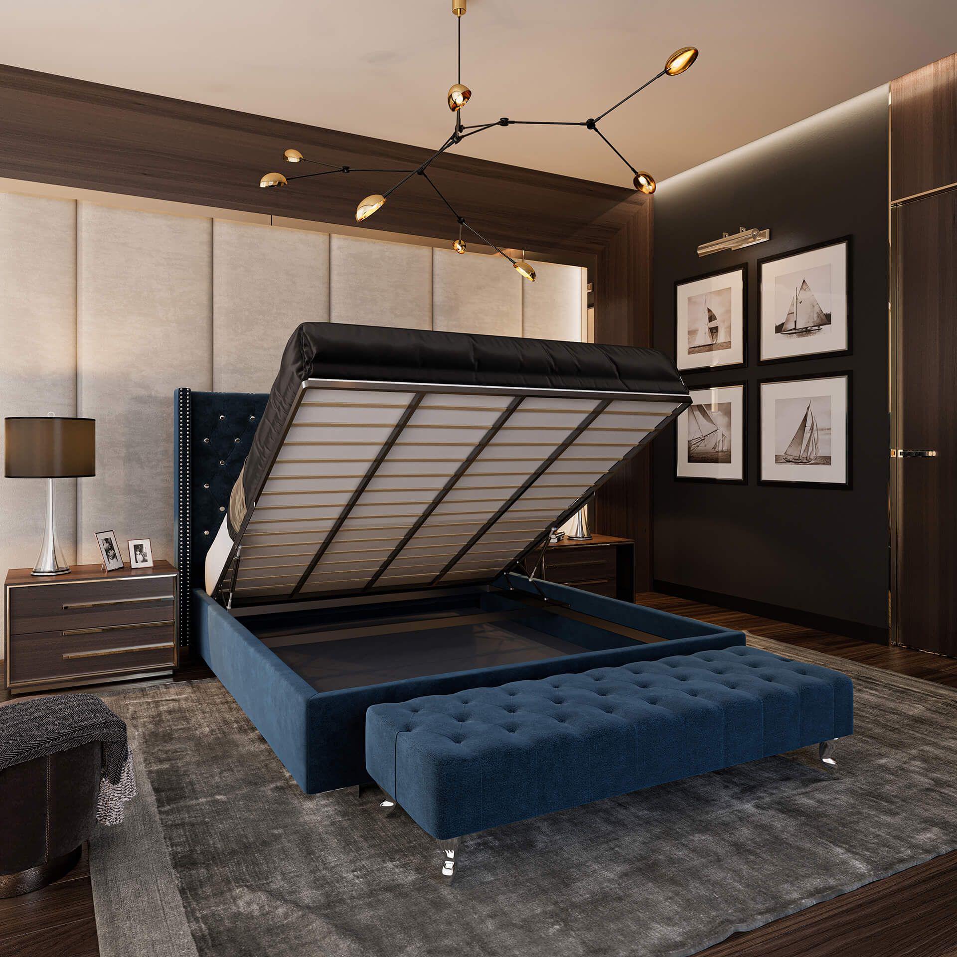 Dark Blue Handcrafted Bed CGI: Unfolded