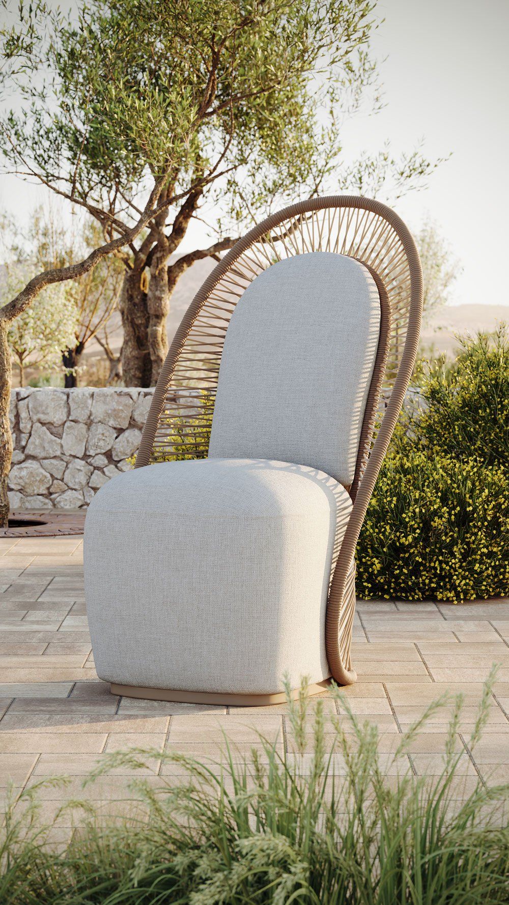 Photorealistic 3D rendering of a stylish outdoor chair, showcasing high-quality furniture visualization and realistic product rendering.