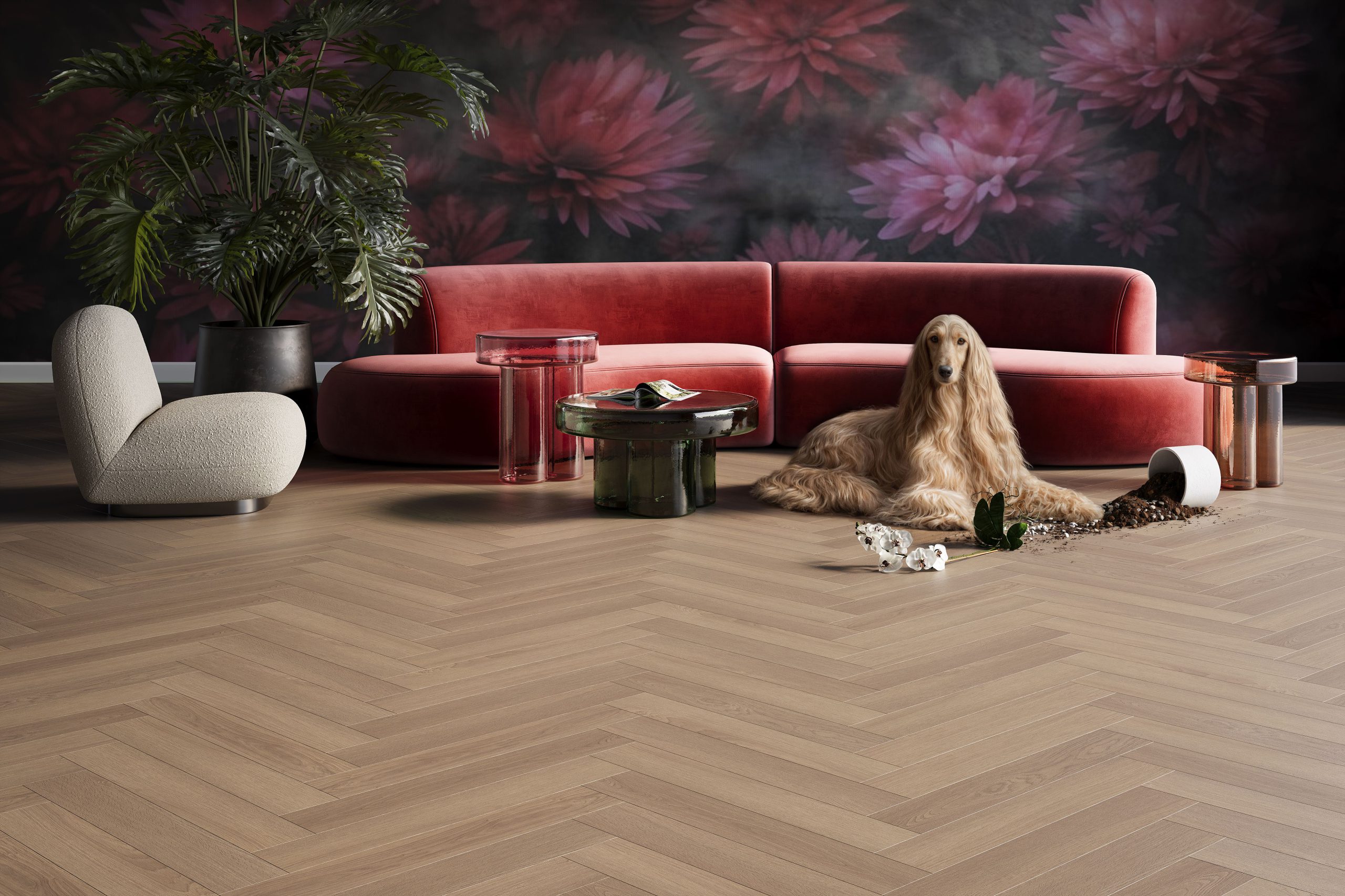 3D rendering of herringbone flooring in a luxury living room with red velvet sofa, Afghan hound, spilled plant pot, and dark floral wallpaper