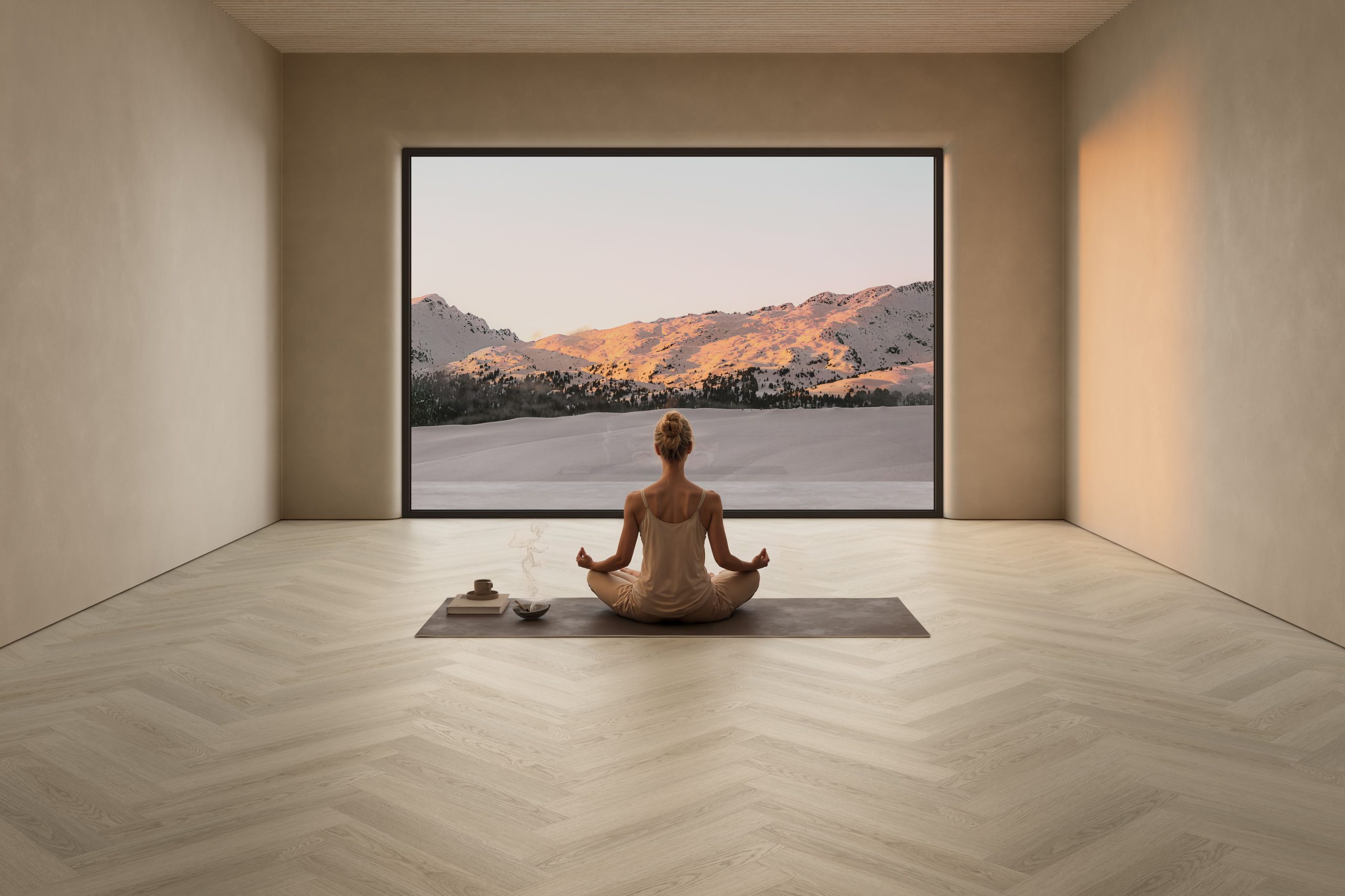 CGI visualization of light herringbone flooring in a minimalist meditation room with a woman on a yoga mat facing a panoramic window with sunset mountain view