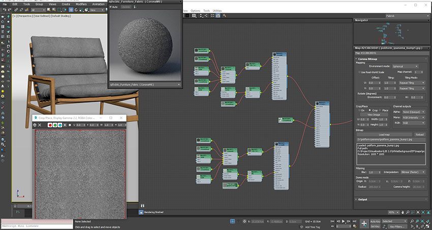 Applying texture maps to a high-poly 3D chair model for photorealistic product rendering