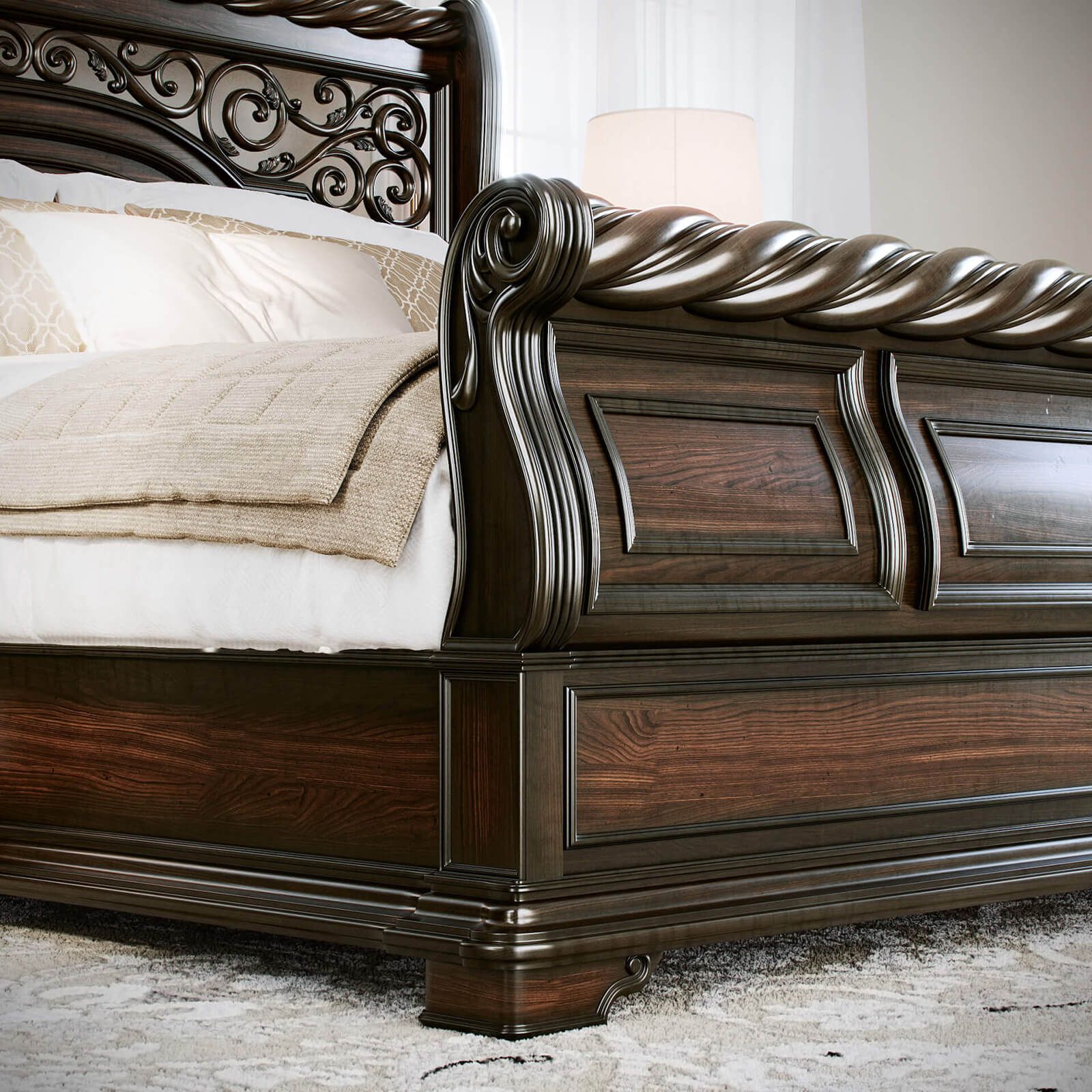 3D rendered image of a luxurious wooden bed showcasing intricate design, highlighting photorealistic furniture rendering and 3D modeling.