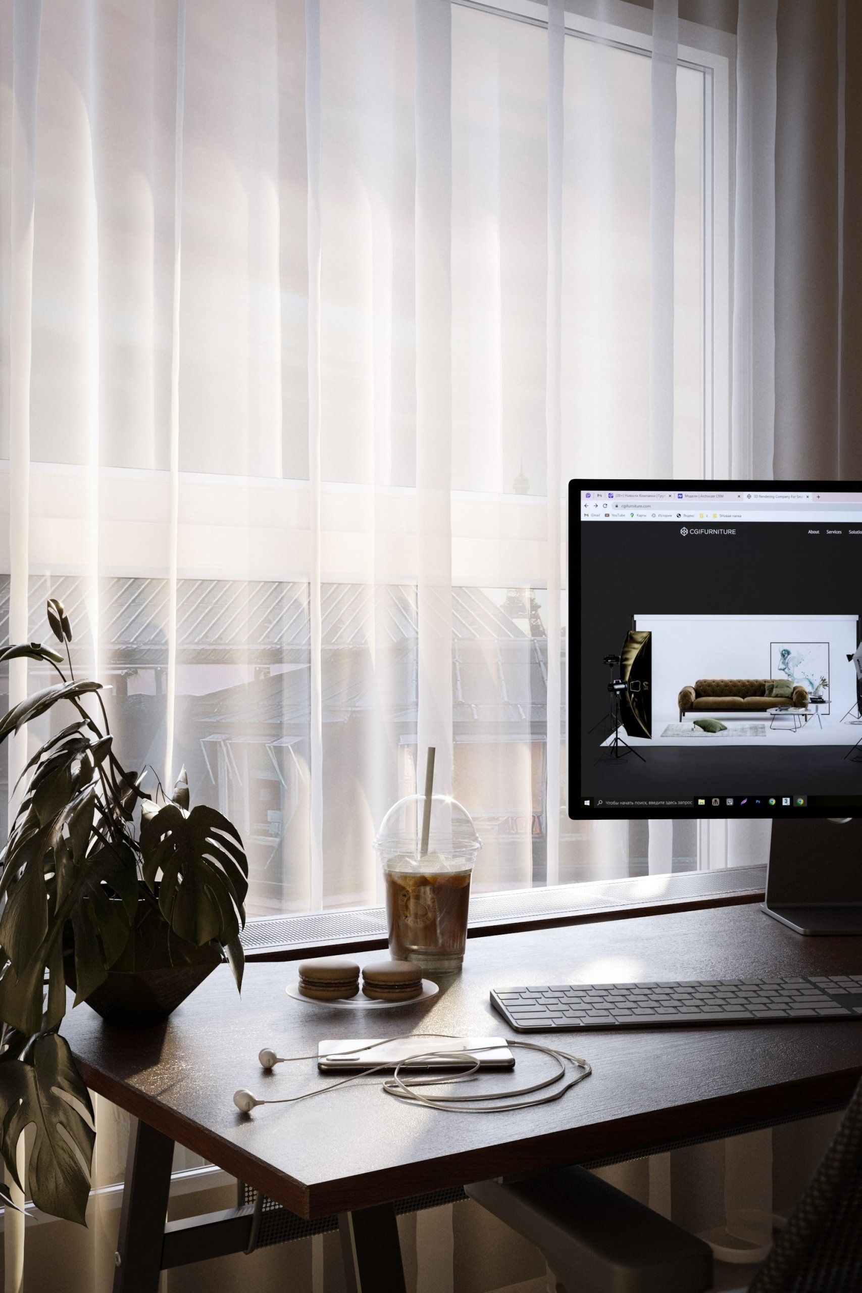 Home workspace with a computer 3D rendering