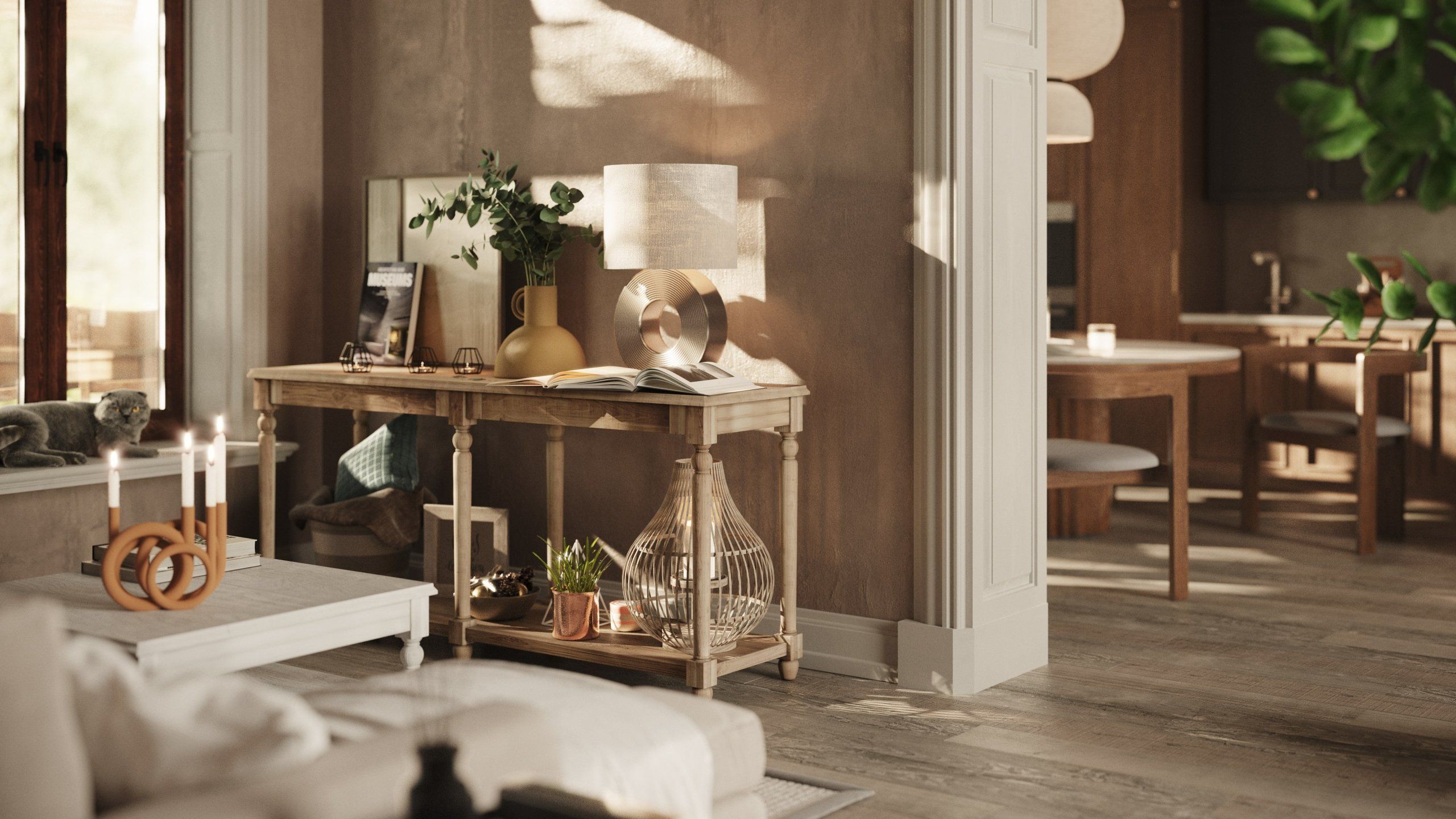 high-end 3D house fittings modeling and rendering showcasing a trendy living room with realistic lighting and textures.