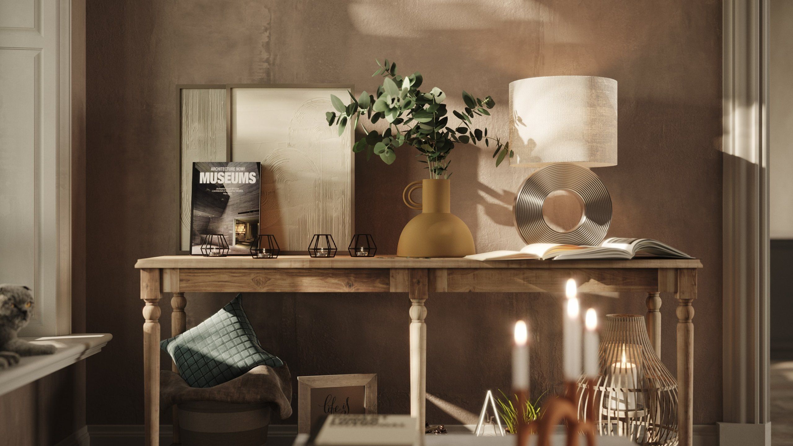 Top-notch 3D rendering of a trendy interior with furniture, showcasing photorealistic visualization and 3D modeling techniques.