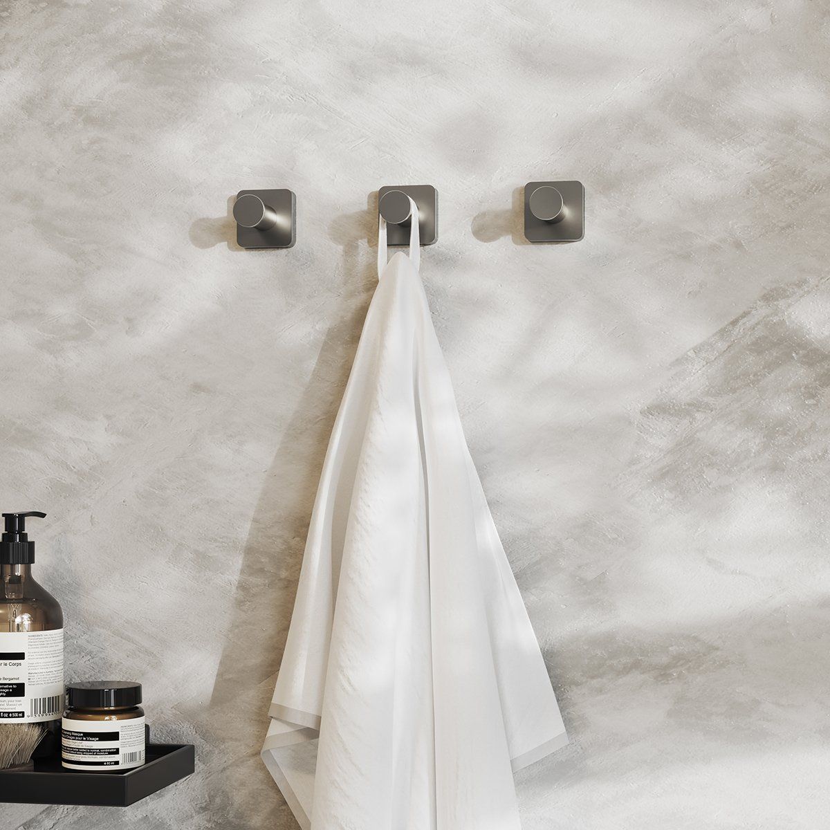 3D rendered image showcasing trendy bathroom hooks and accessories, highlighting photorealistic product rendering and 3D interior visualization.