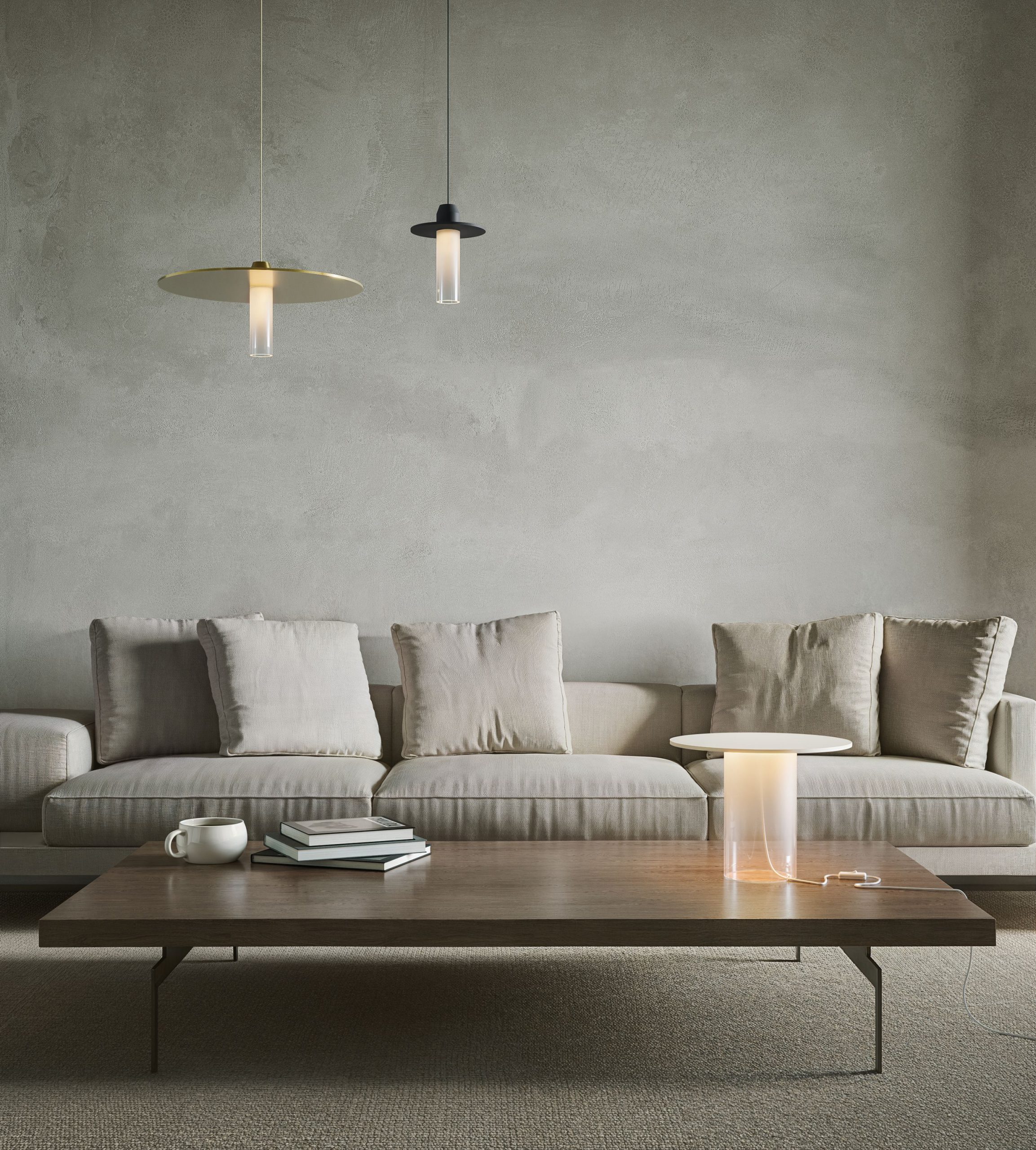 Lifestyle 3D visualization of modern pendant and table lighting styled in a minimalist living room setting