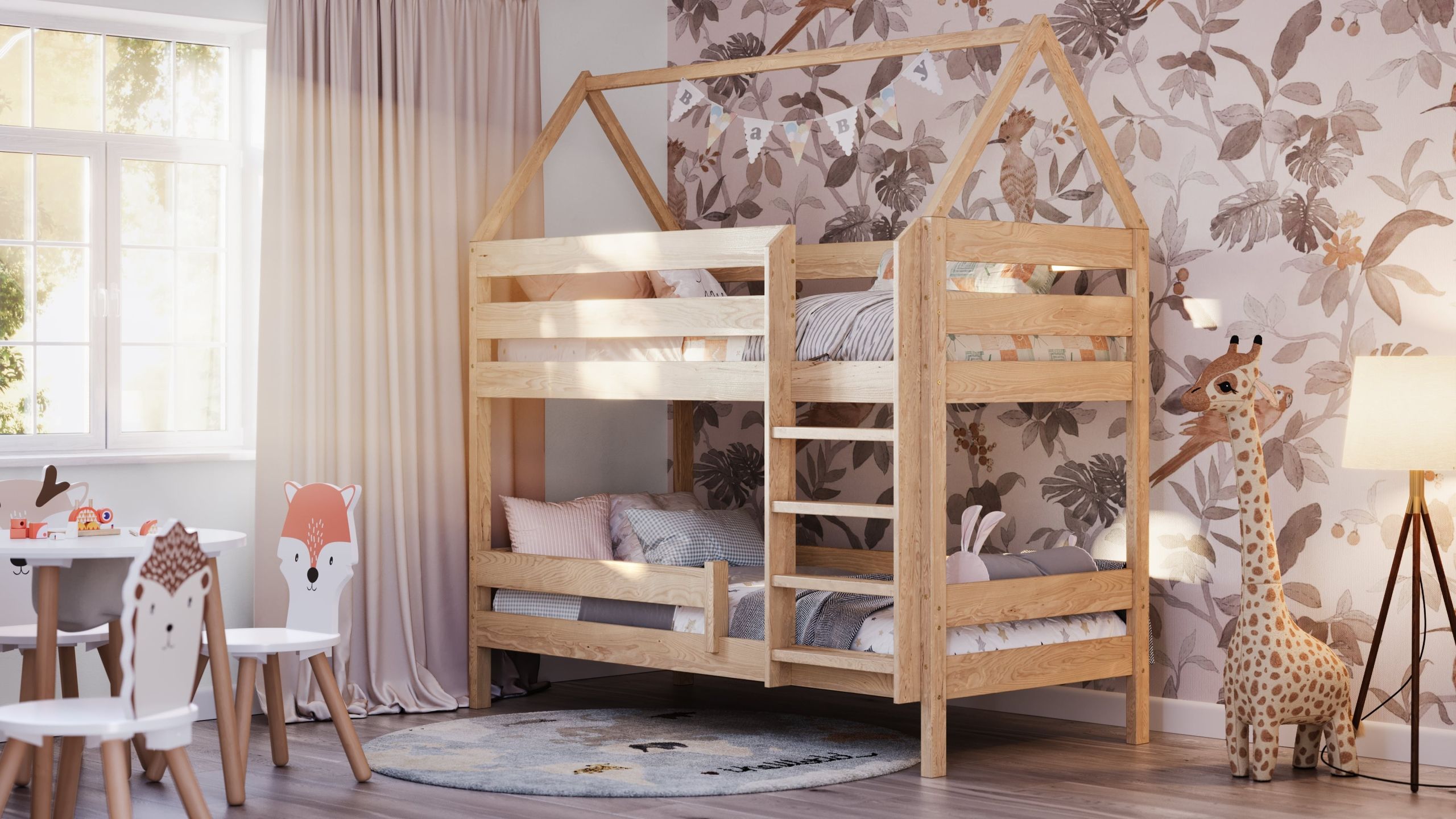 3D Visualization of a Children’sBedroom with a Wooden Bunk Bed and Animal Decor