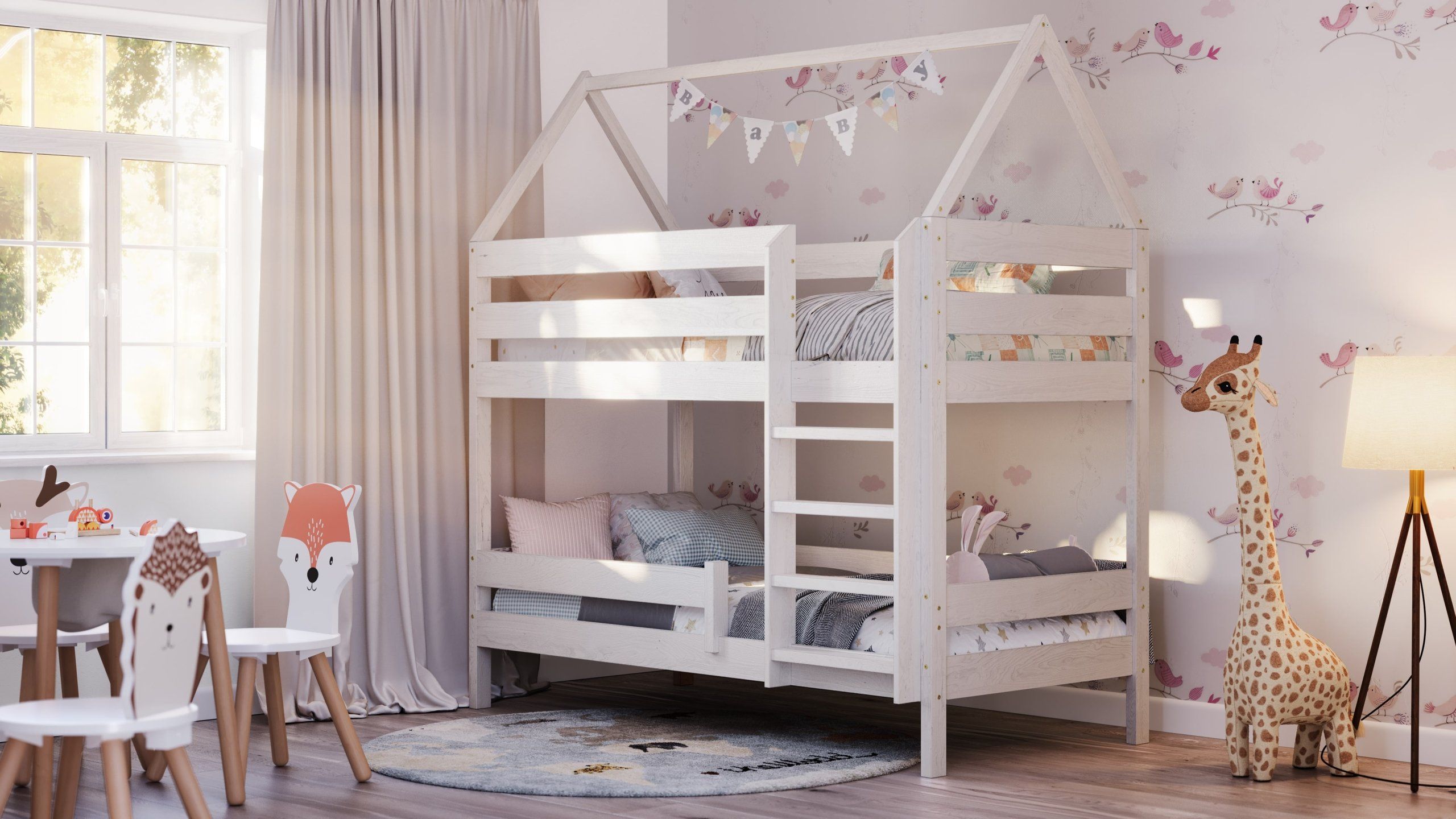 3D Rendering Of A White Bunk Bed In A Cozy Kids Room With Animal-Themed Chairs