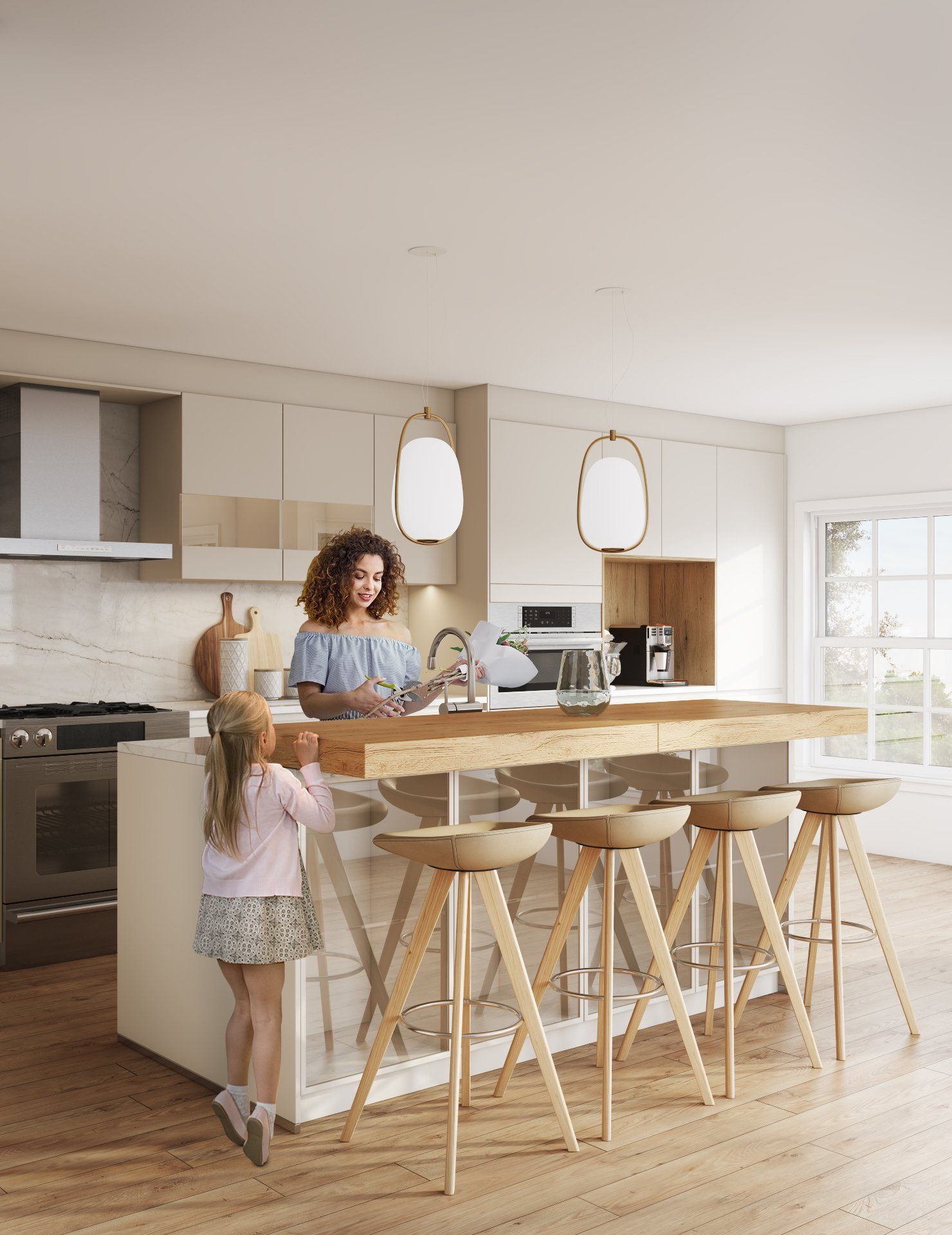 3D lifestyle visualization showcasing a modern kitchen with high-quality furniture rendering, featuring a woman and child in a photorealistic CGI setting.
