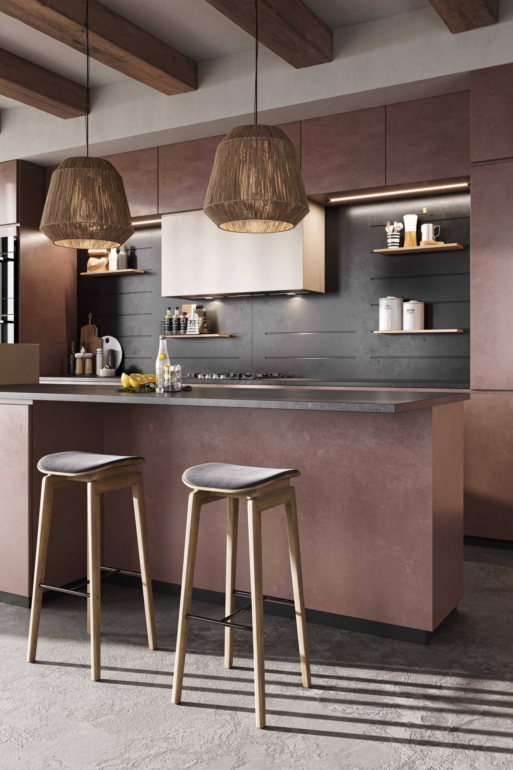 Photorealistic 3D rendering of a trendy  kitchen interior featuring bespoke furniture and Top-notch visualization.
