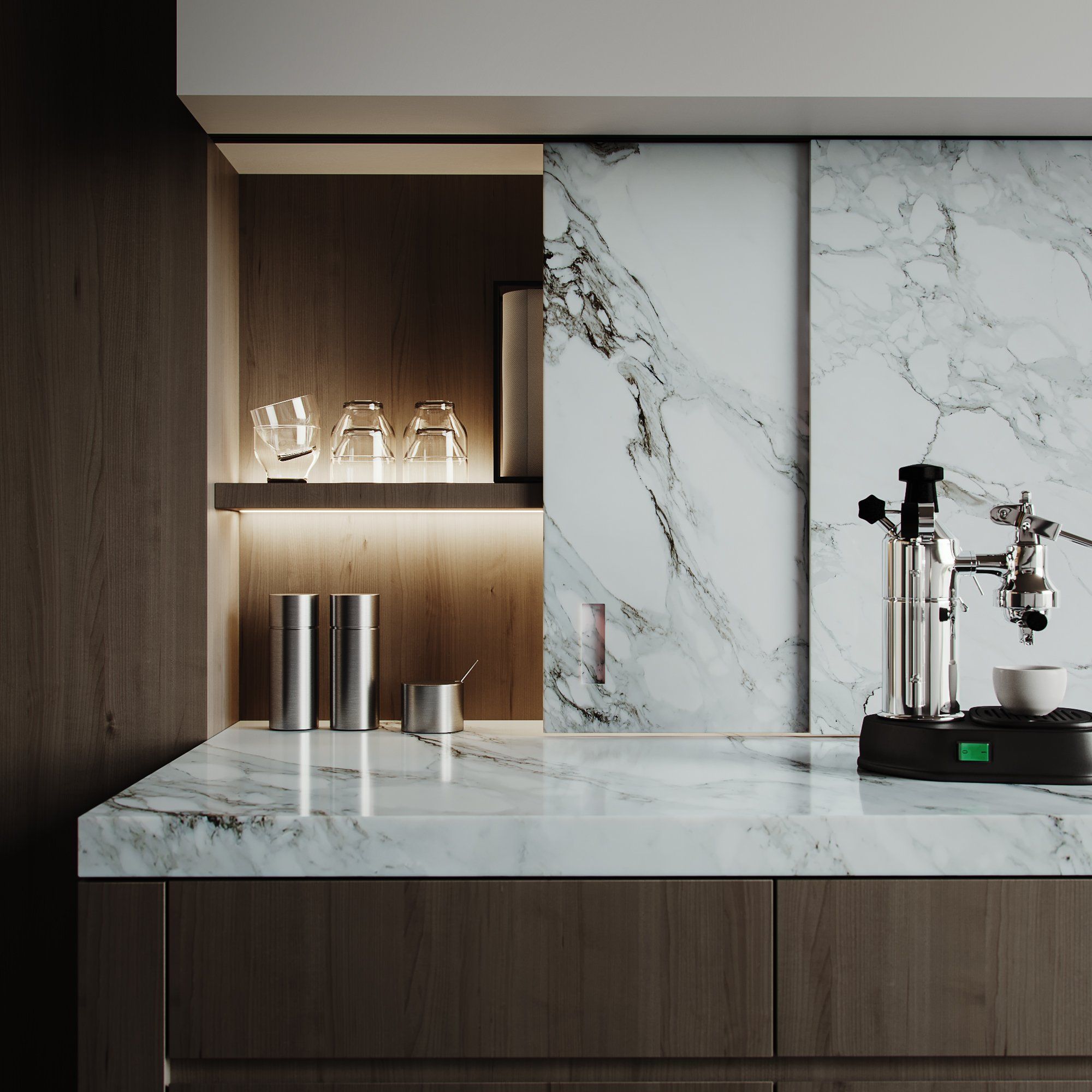 High-quality 3D rendering of a kitchen interior featuring a marble countertop, showcasing realistic furniture rendering and 3D product visualization.