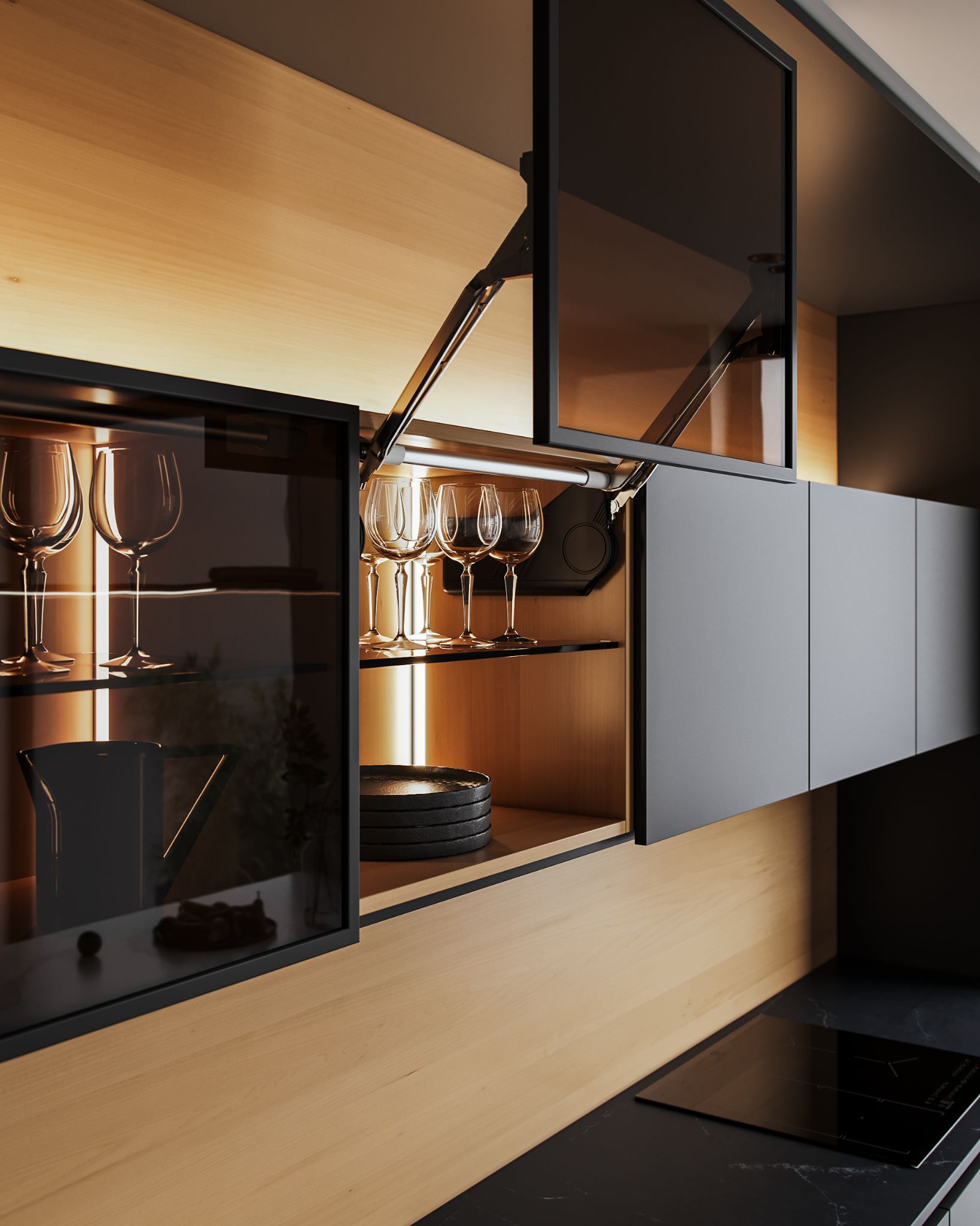 Photorealistic 3D rendering of modern kitchen cabinets showcasing glassware, highlighting 3D furniture modeling and interior visualization