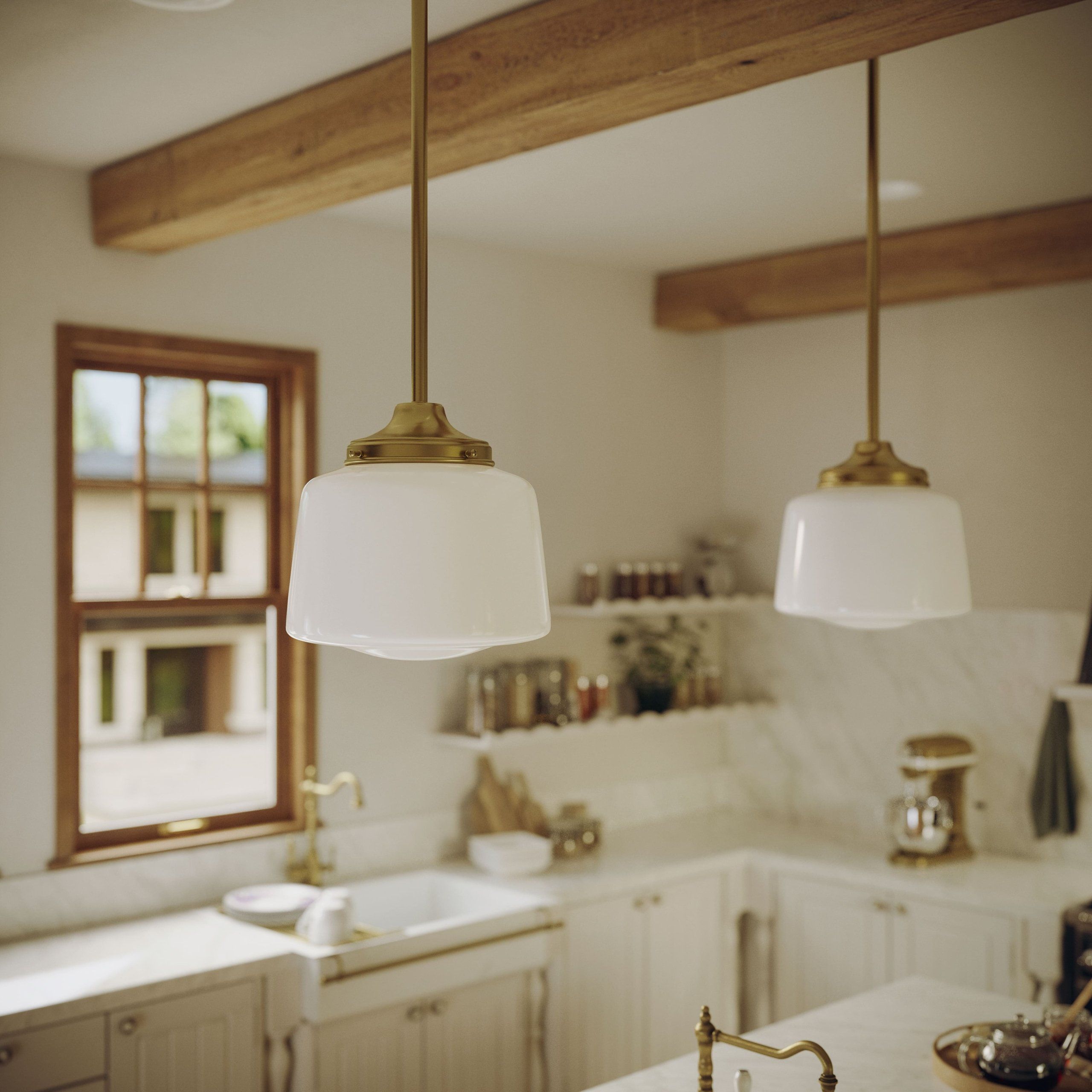 High-quality 3D rendering of a kitchen interior showcasing custom lighting fixtures, demonstrating photorealistic visualization and 3D modeling techniques.