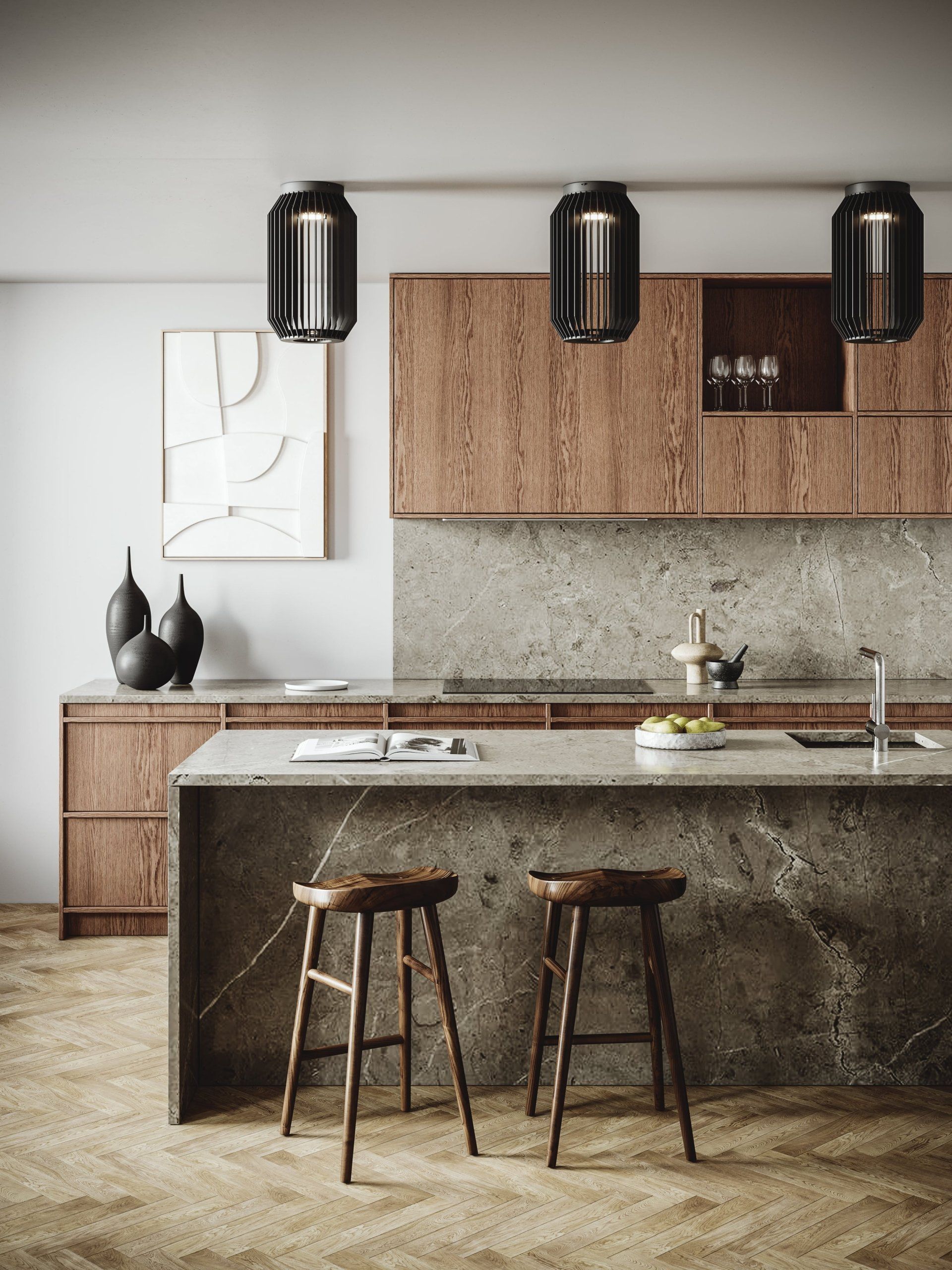Product Rendering for a Kitchen Interior with Marble Island and Wooden Stools